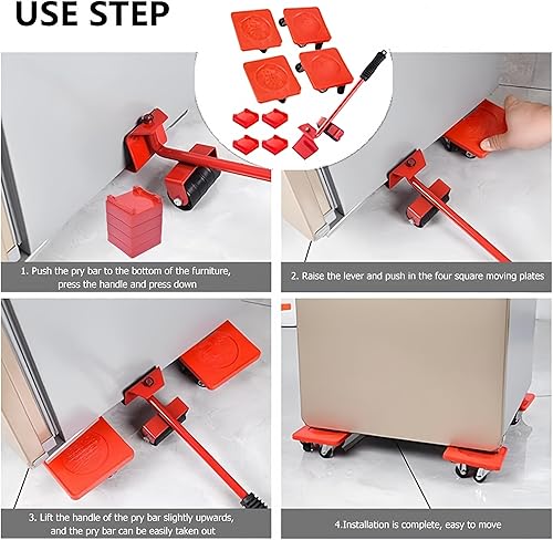 Miniatura 5 de Kit de herramientas para mover muebles con 4 deslizadores 4 almohadillas de elevación ajustables 1 elevador de muebles rodillo de herramientas fácil
