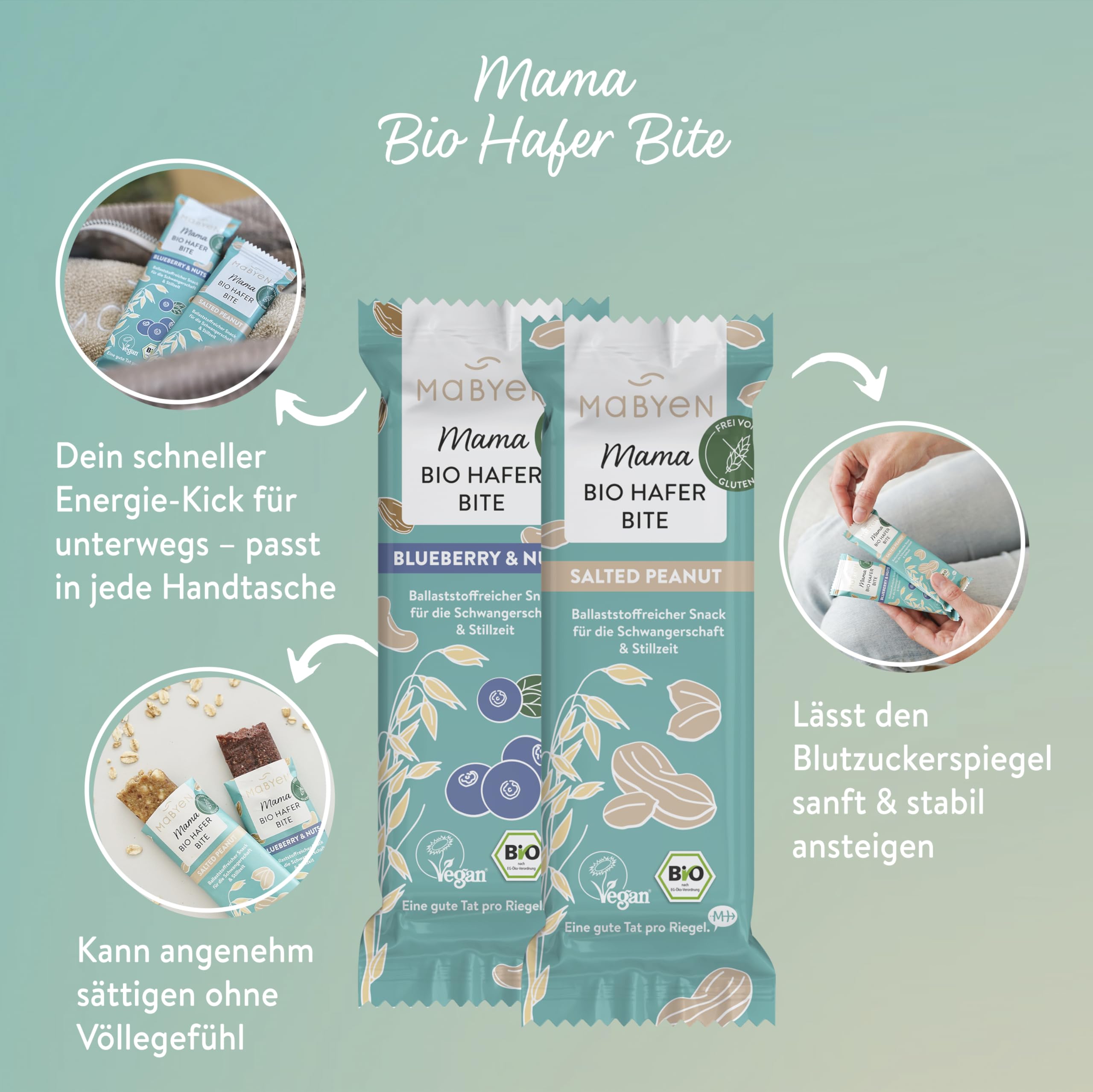 MABYEN Mama Bio Hafer Bites – Vegane Riegel ohne Zuckerzusatz, Glutenfreie Süßigkeiten mit Datteln & Nüssen, Zwei Sorten (Salted Peanut & Blueberry Nuts), für Bewusste Pausen, 20 Stück
