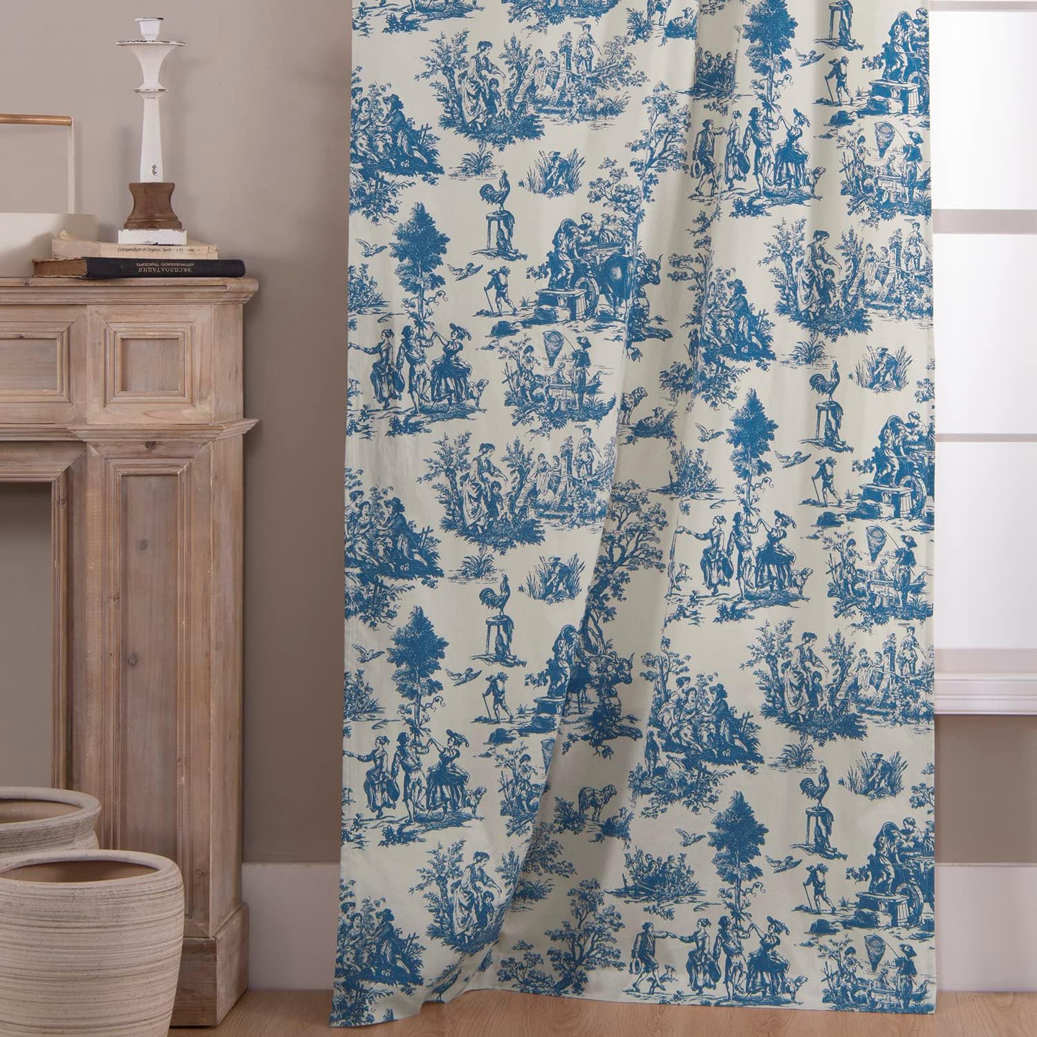 Blue Toile Window Curtains Drapes for Living Room 84 Inch Length 2 Panels Set Long Sheer Cotton Textured French Country Floral Vintage Victorian Semi Blackout Farmhouse Darkening Curtain for Bedroom