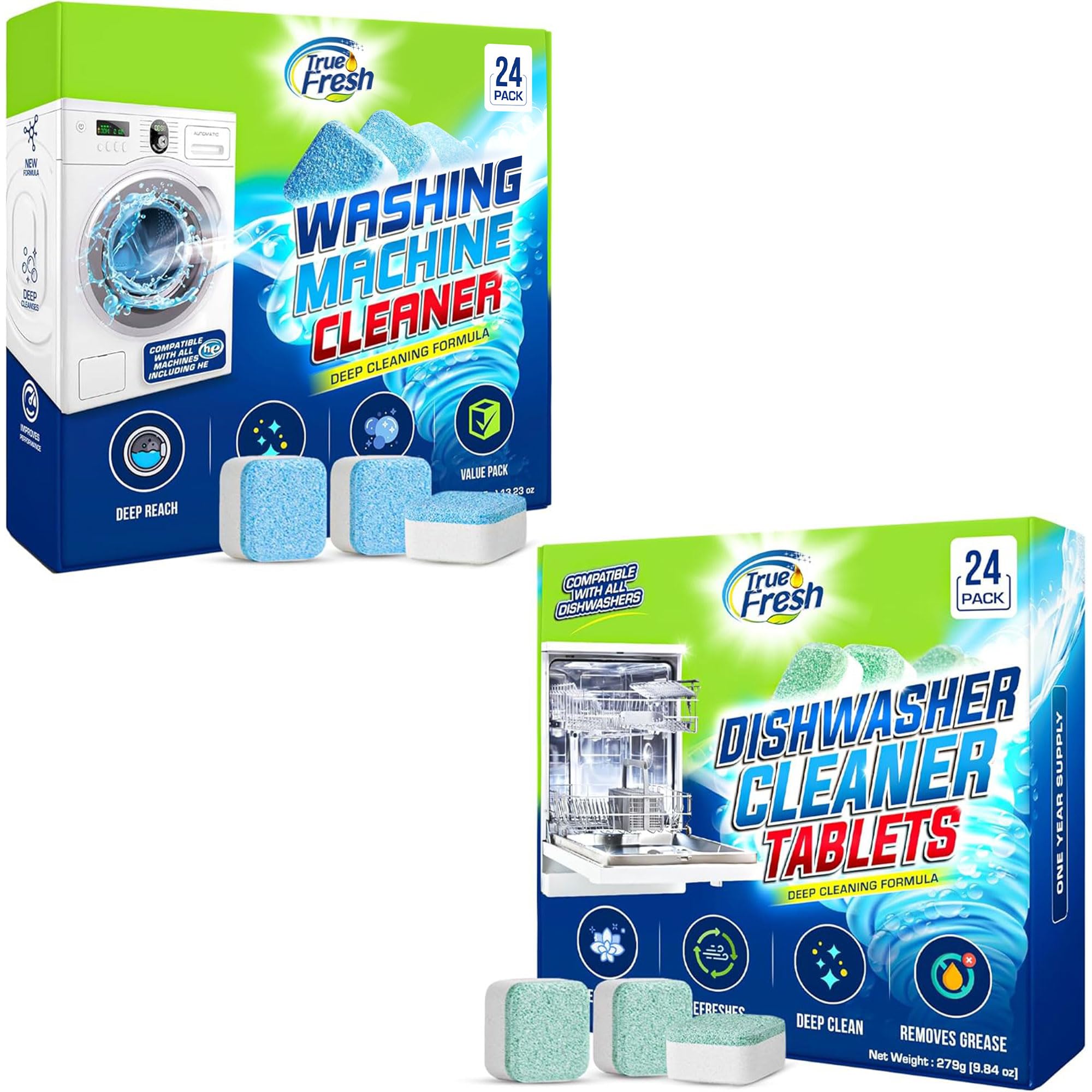 True Fresh Pastiglie detergenti per lavatrice, pastiglie compatibili con caricatore frontale per lavanderia, carico dall'alto, detergente per lavastoviglie e deodorante, pastiglie detergenti per