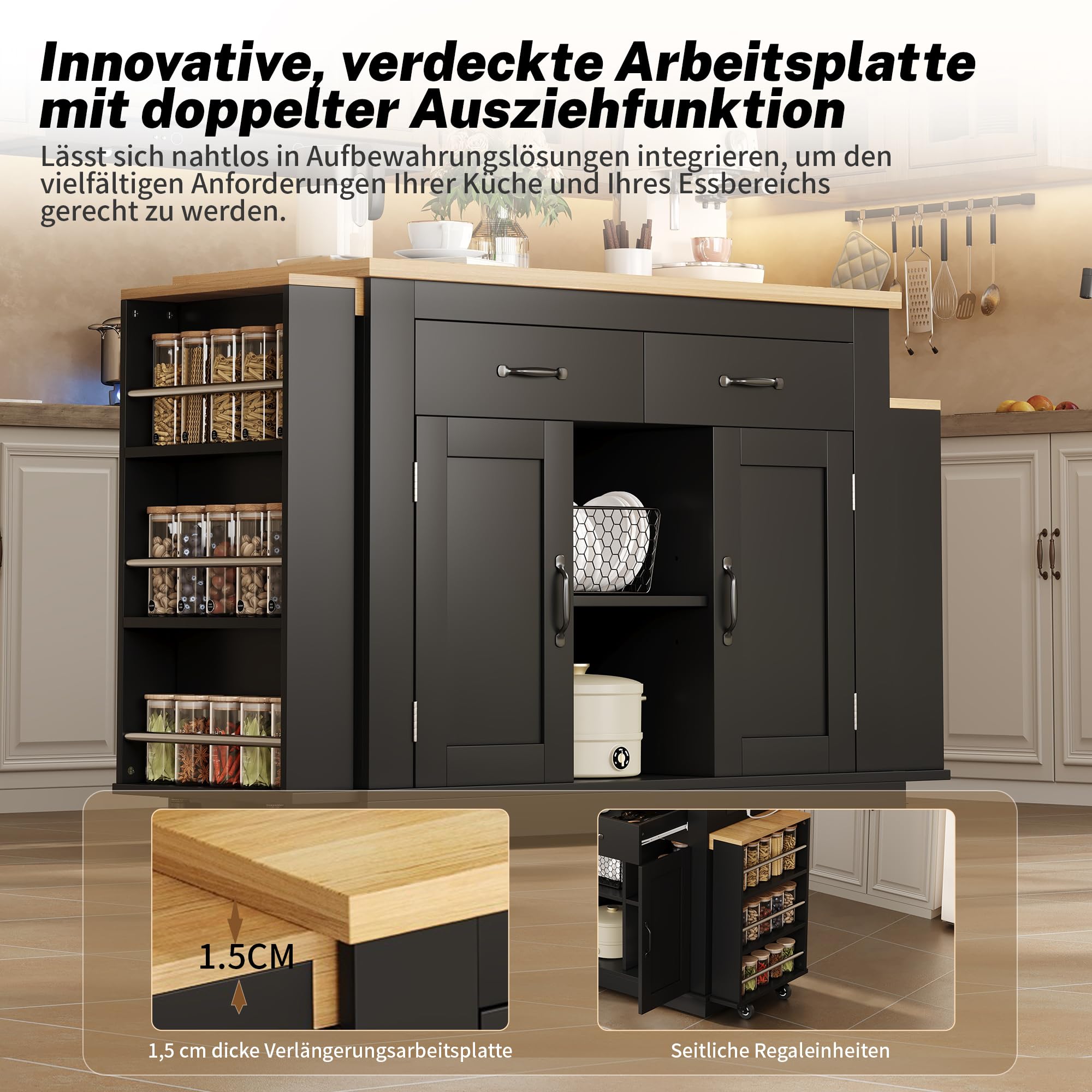 Isla de cocina móvil extensible negra 142-340 cm – Cocina independiente con encimera, enchufes y 2 mesas, mucho espacio de almacenamiento para familias grandes y loft