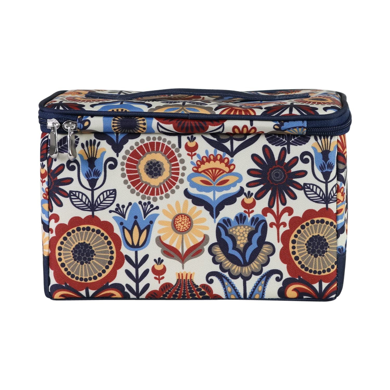 Caja de costura Everything Mary con compartimentos, azul marino y estampado floral multicolor - Cesta plegable para guardar y organizar materiales de costura, accesorios, hilo, agujas y tijeras -