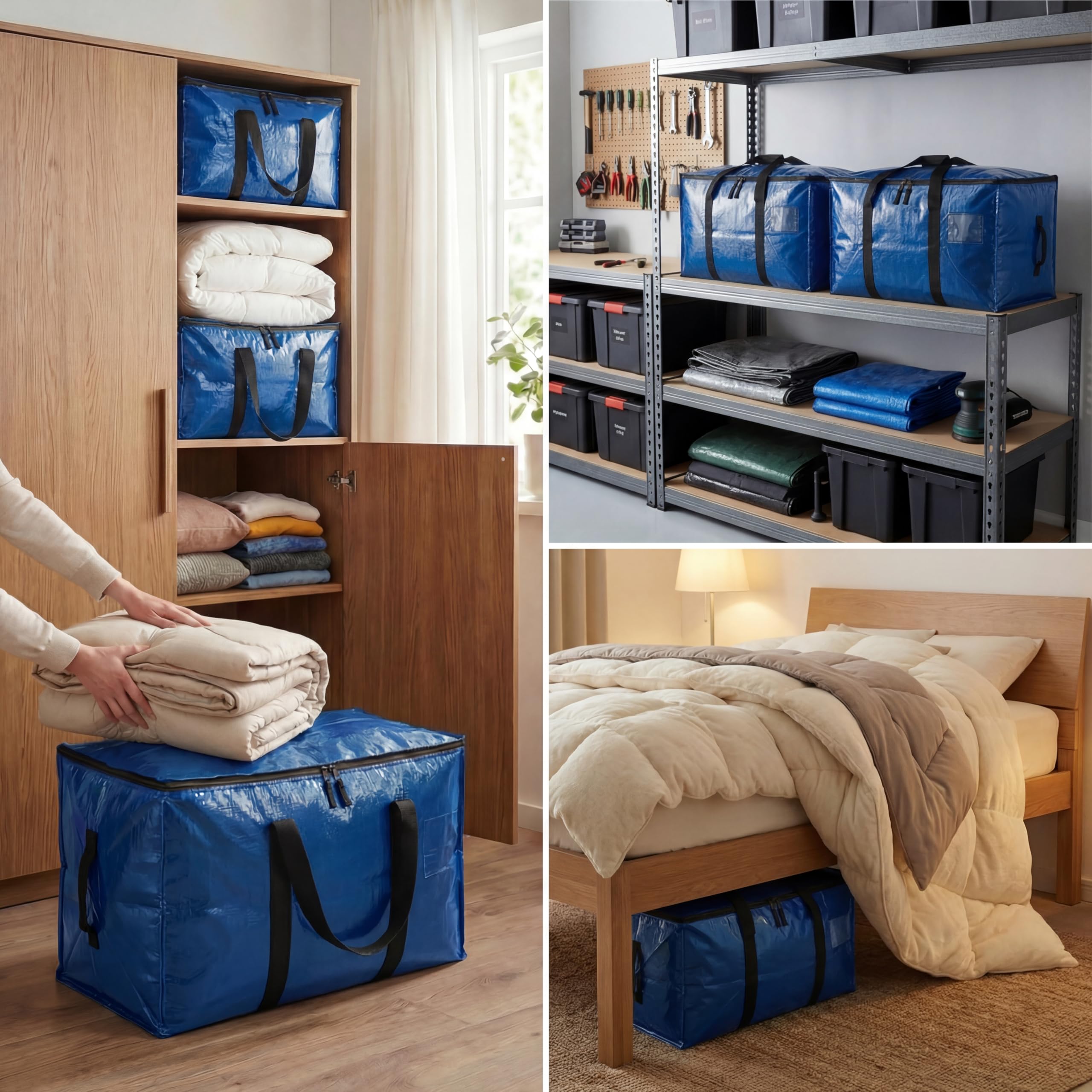 Lot de 5 Sacs de Rangement et Déménagement XXL 94L (4+1), Bleu, avec Poignées Renforcées et Fermeture Zippée, Grande Capacité, Gain de Place, Solide et Durable (5, Bleu)