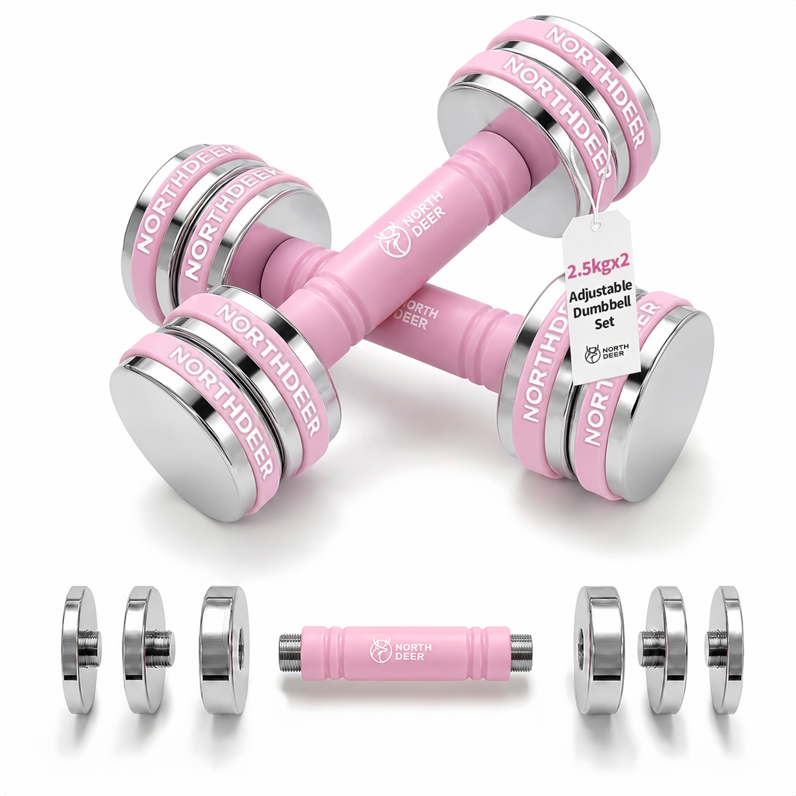 Northdeer Steel Dumbbells 2.5kg Pair (1.5kg/2kg/2.5kg) Ultracompact Adjustable Chrome Dumbbell Set Women with Foam Handles Home Gym Workout,Pink (2×2.5kg)