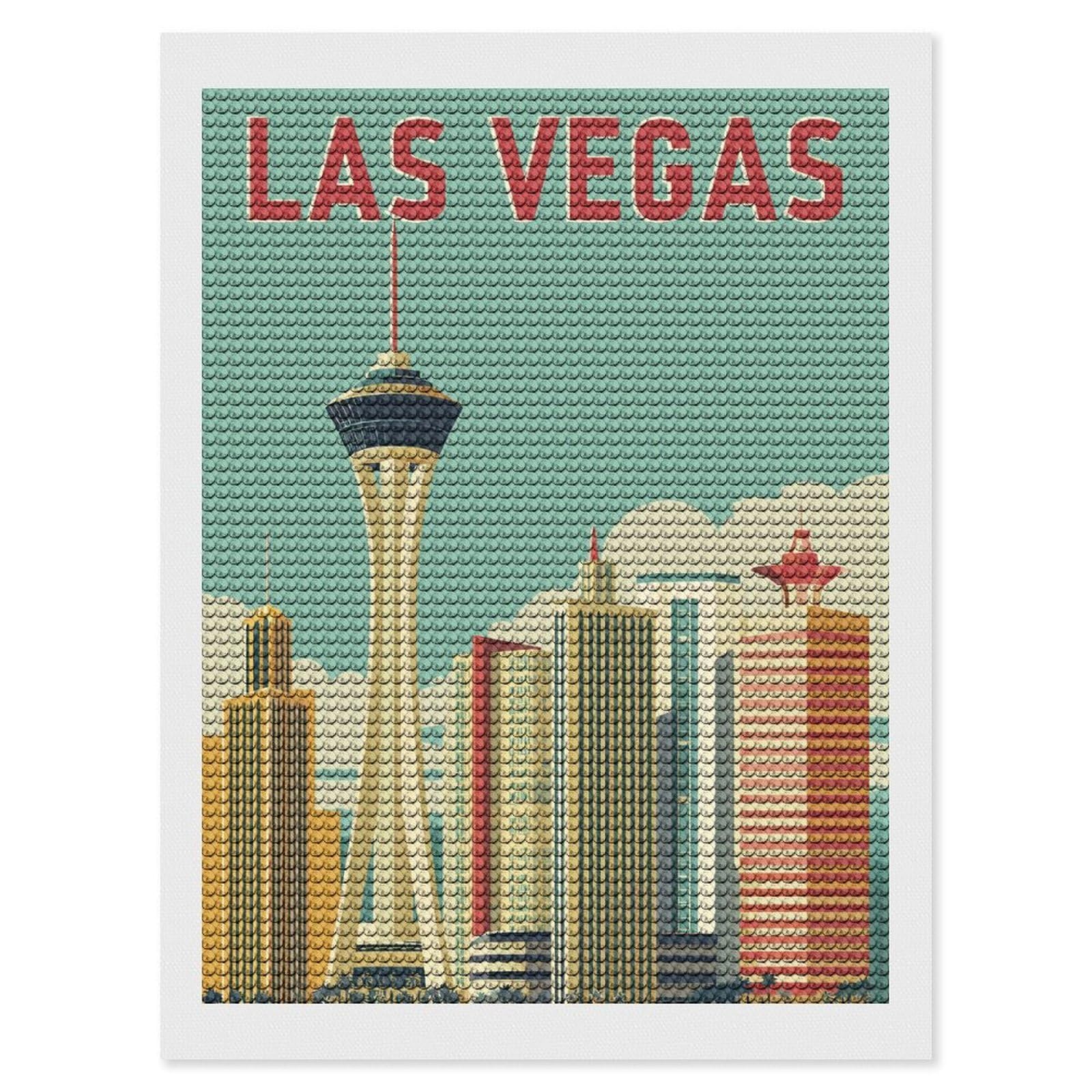 Junmoney Las Vegas Cityscape Retro Diamond Art Kit 12"x16", Gift Idea, for Family Craft Time, Mindful Craft Activity, Boho Decor, Relaxing DIY Hobby
