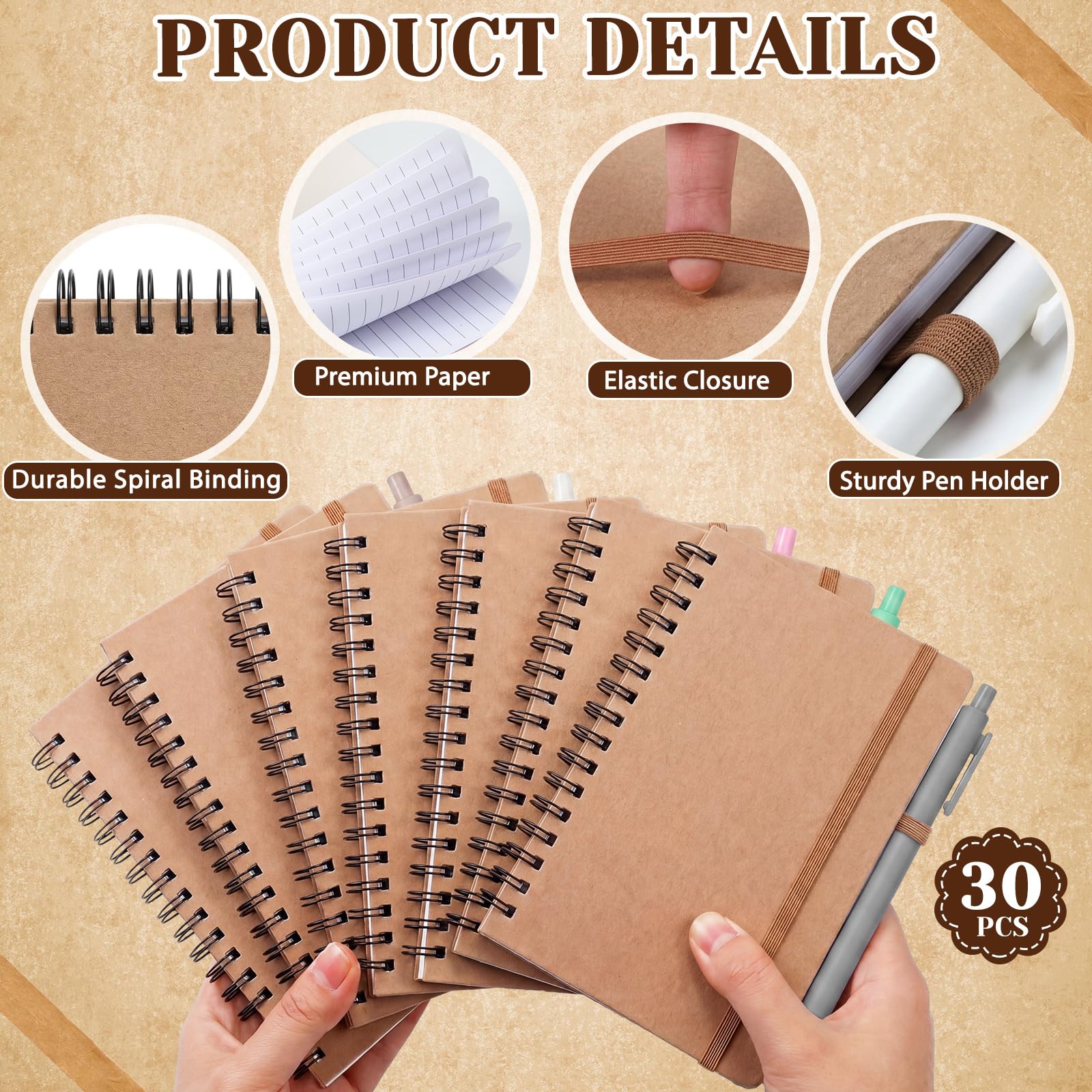 Fulmoon Kleine Spiralnotizbücher, A6, mit Stiften, Großpackung, 10,2 x 15,2 cm, Kraftpapier, liniert, 50 Blatt für Schulbedarf, Studenten, Belohnungen, Bürogeschenke (Kraftpastell), 30 Stück