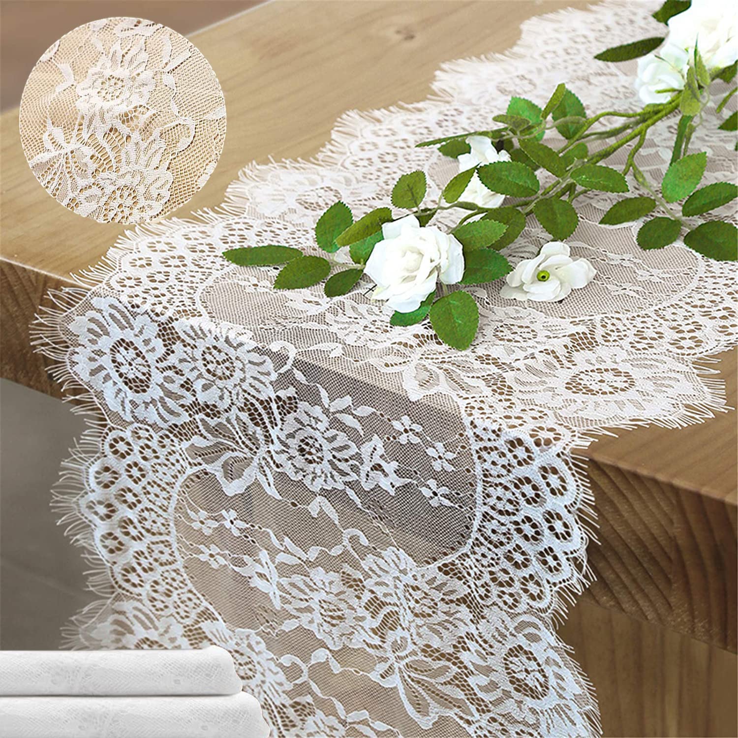 2 Pack Embroidered and Durable White Lace Table Runner, 14''x120'' with Rustic Vintage Lace Tablecloth for Outdoor and Chic Wedding and Bridal/Baby Shower Decorations