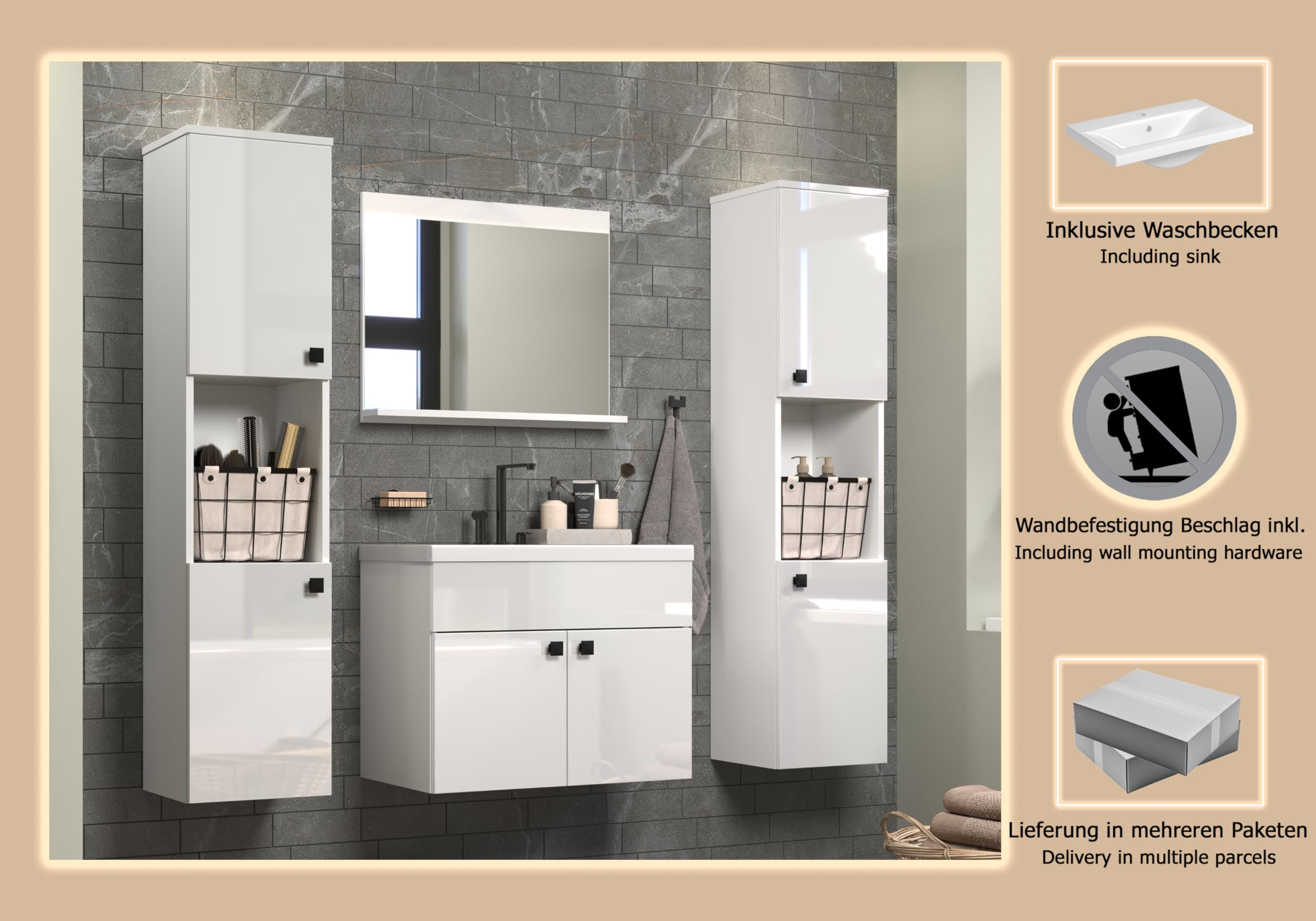 trendteam smart living Haven Badmöbel-Set Weiß/Weiß Hochglanz Lackiert 142 x 133 x 40 cm Waschbeckenschrank Hängend Inklusive Keramik-Einsatzwaschbecken 2 Hochschränke 1 Spiegel