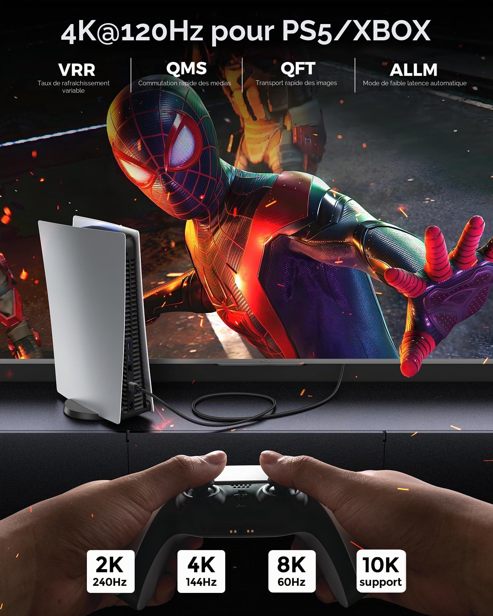 Silkland Câble HDMI 10K 8K 12m, Câble HDMI 2.1 PS5 4K@120Hz/144Hz, eARC HDR10 DTS:X HDCP2.3 pour HDTV/Barre de Son/Blu-ray/Projecteur/Ordinateur Portable/Ecran/PC