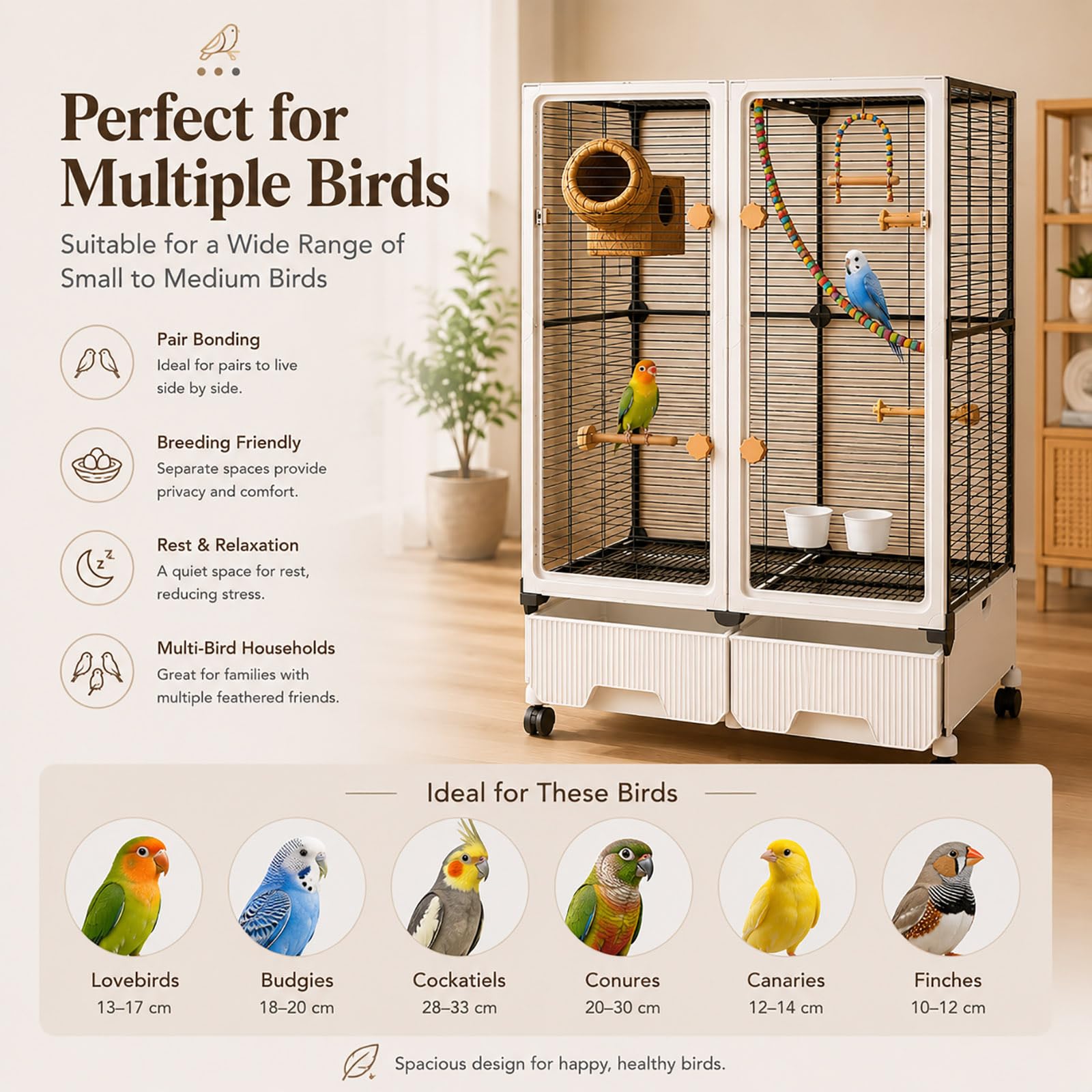 Jaula para Pájaros de Interior, Grande Jaula para Loros con Vista Acrílica Transparente, Jaula Voladera con Ruedas y Bandeja Fácil de Limpiar para Periquitos, Ninfas, Agapornis Single-Row