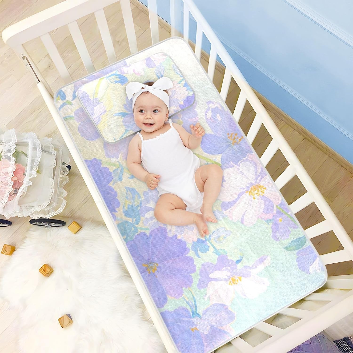 Cooling Baby Crib Mattress 28" x 52"Ultra Soft Crib Padding for Sides for Kids, Adult Summer Purple Oil Painting Daisies