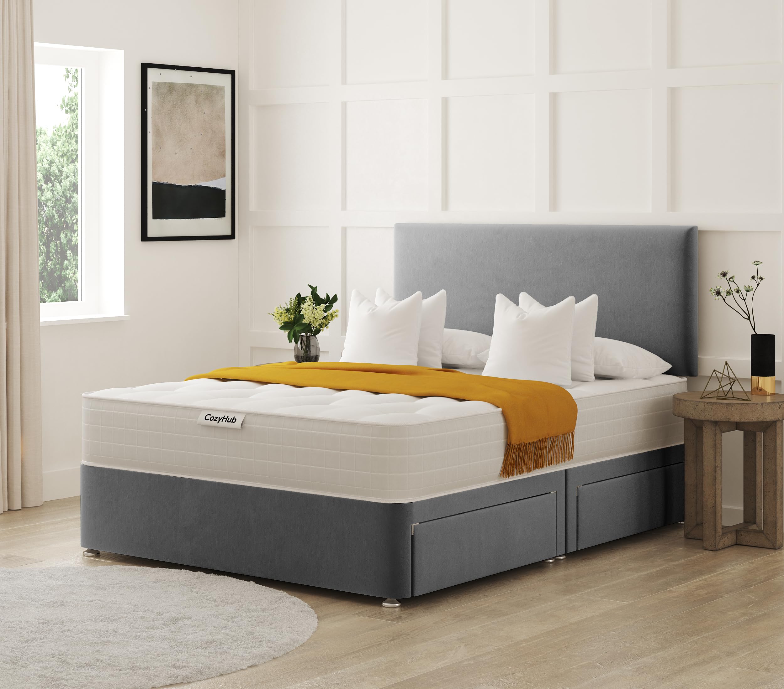 COZY HUB LTD Plain Plush Velvet Divan Bed with 10 Inch Ortho Tufted Mattress & Headboard – Luxury Divan Set with Drawer Storage Options. (Grey, 4Ft- No Drawers)