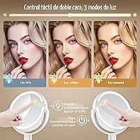 Vista 3 de Espejo de maquillaje con luces, espejo de aumento de doble cara 1x/20x con luz, recargable de 3 luces de color y brillo ajustable, rotación de 360°