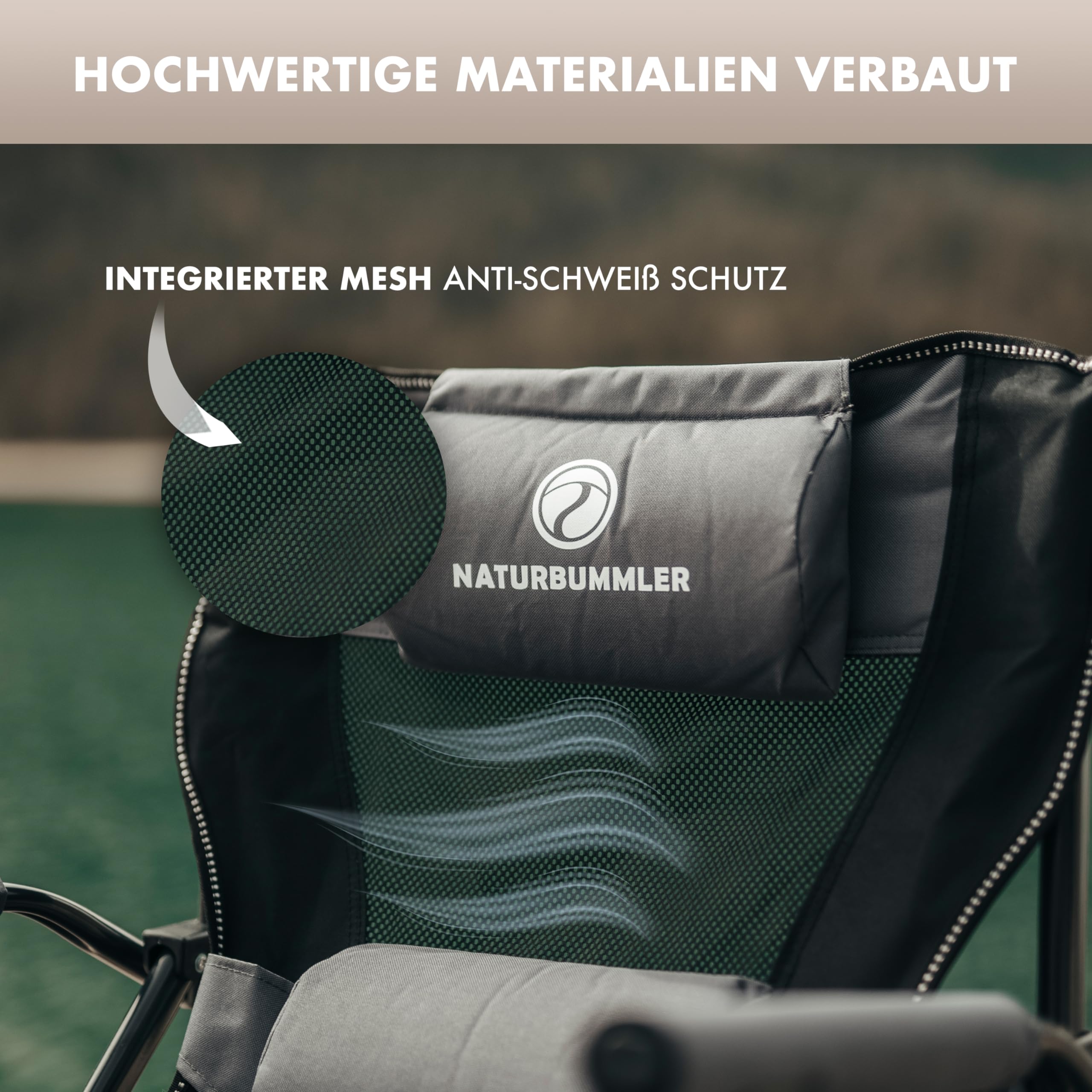 NATURBUMMLER Faltbarer Campingstuhl [Cloud Sit+] mit atmungsaktivem Netzgewebe & hoher Rückenlehne – 150 kg belastbar – Bequemer Campingsessel für Garten, Camping, Angeln & Outdoor