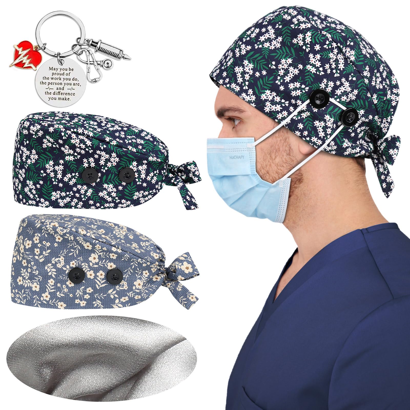2 Pcs Satin Lined Scrub Cap Nurse Hats for Women Men 4 Buttons
