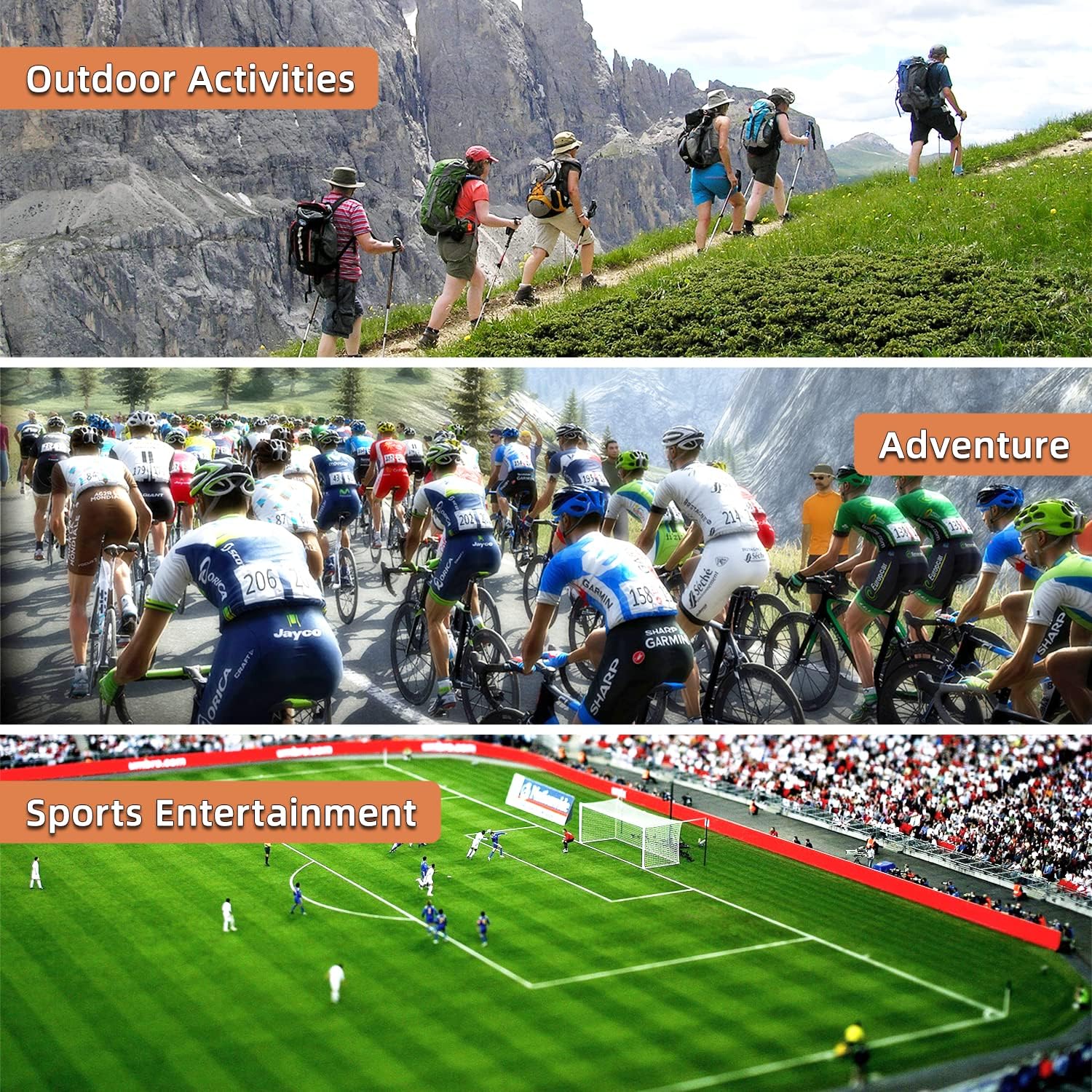 A collage of three images depicting various outdoor and recreational activities where the HUNICOM H-628 walkie-talkie can be used: hiking in mountains, cycling in a group, and a soccer match.