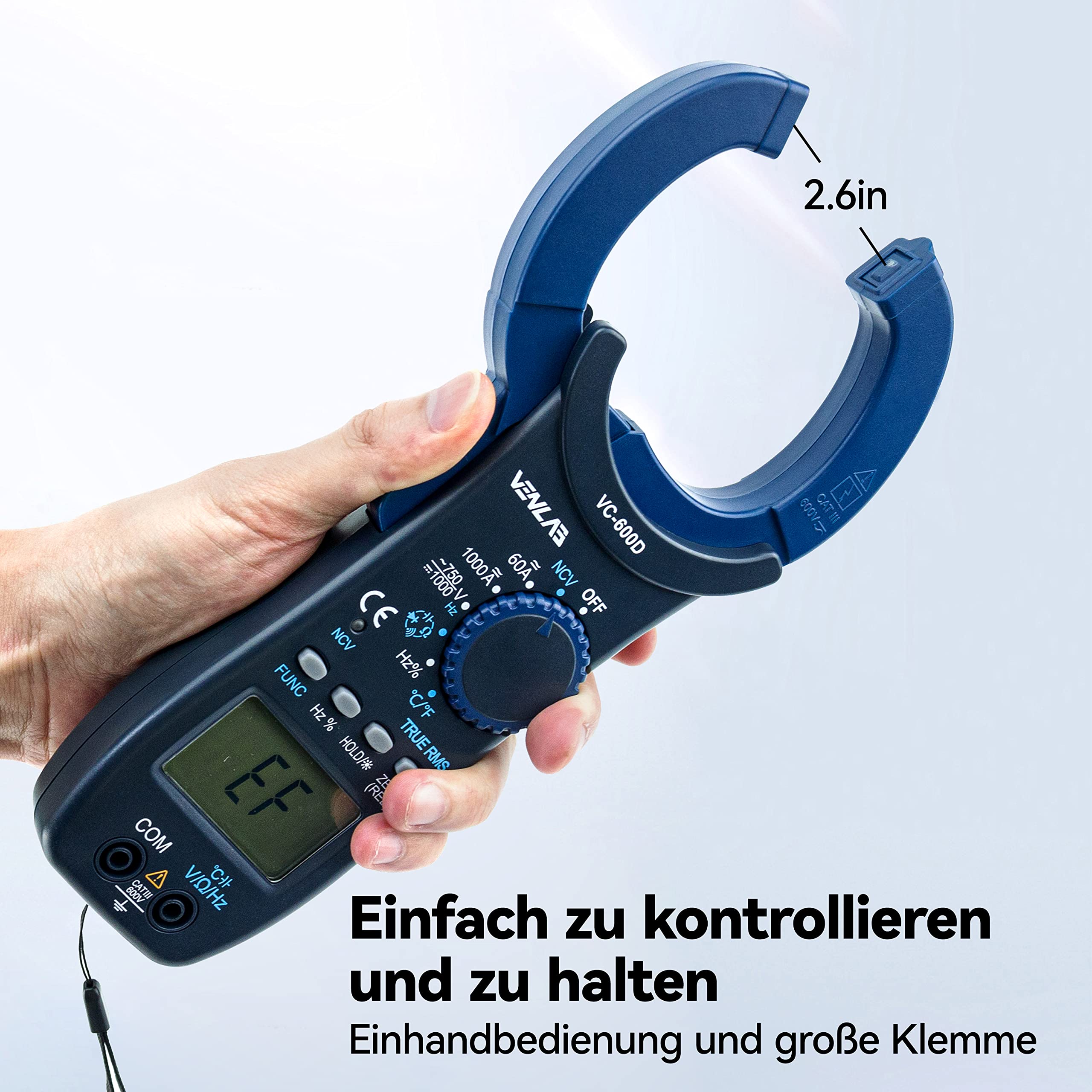 VENLAB Stromzange 1000A True-RMS AC/DC-amperezange, CAT III 600 V Auto-Range 6000 Zähler, Strommesszange für KFZ Haushalt Auto, Misst Spannung Strom Temperatur Widerstand Frequenz (VC-600D)