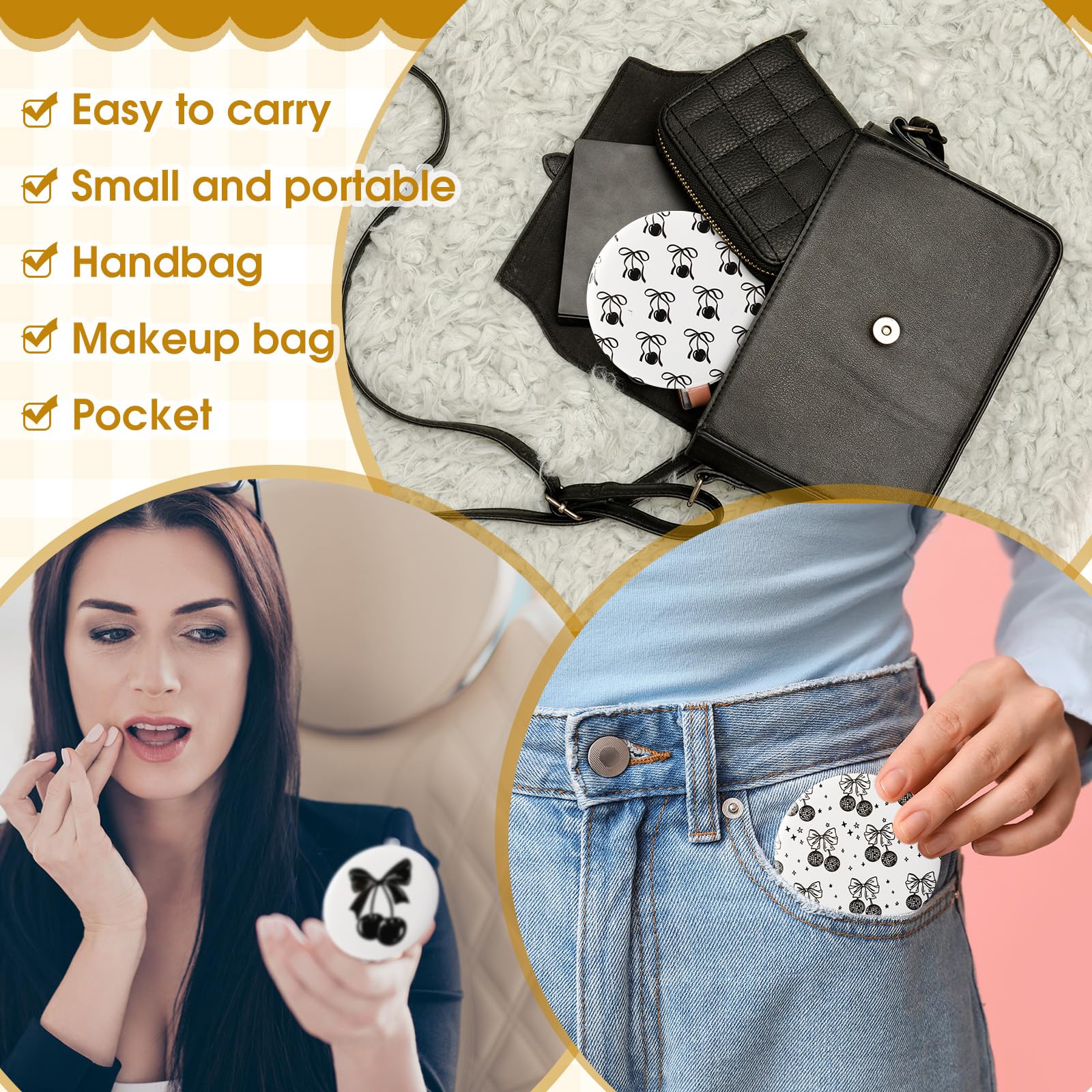 Cinnvoice Kosmetikspiegel, Kosmetikspiegel, schwarze Schleife, tragbar, Reise-Make-up, Taschenspiegel, für Mädchen, Frauen, Hochzeit, Brautparty, Quinceanera, Partygeschenk, 36 Stück
