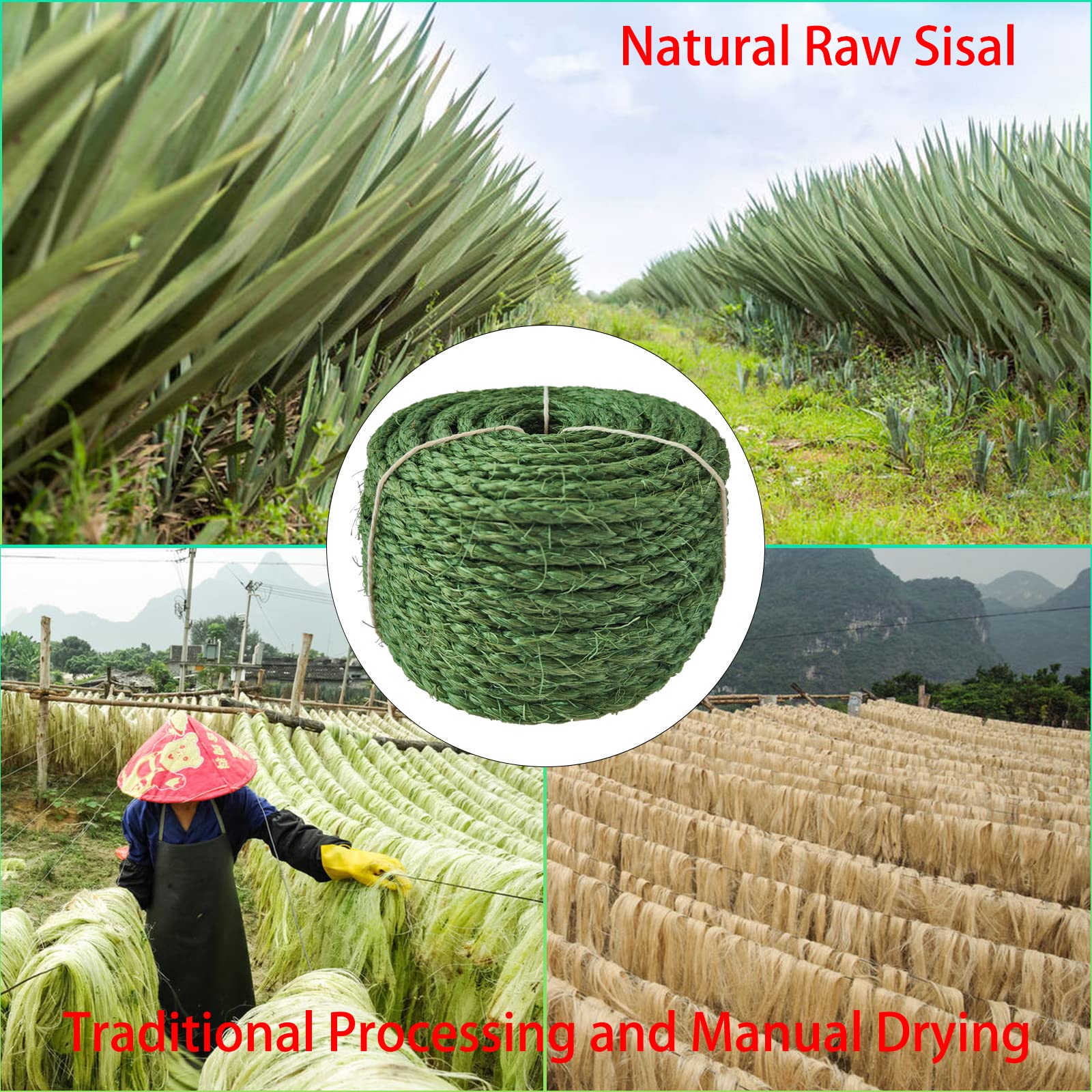 Cuerda de sisal para cacto Gato rascador 6 mm * 30 m, Cuerda de Gato para árbol de Gato de Cactus de Bricolaje y reparación de rascadores para Gatos, Verde