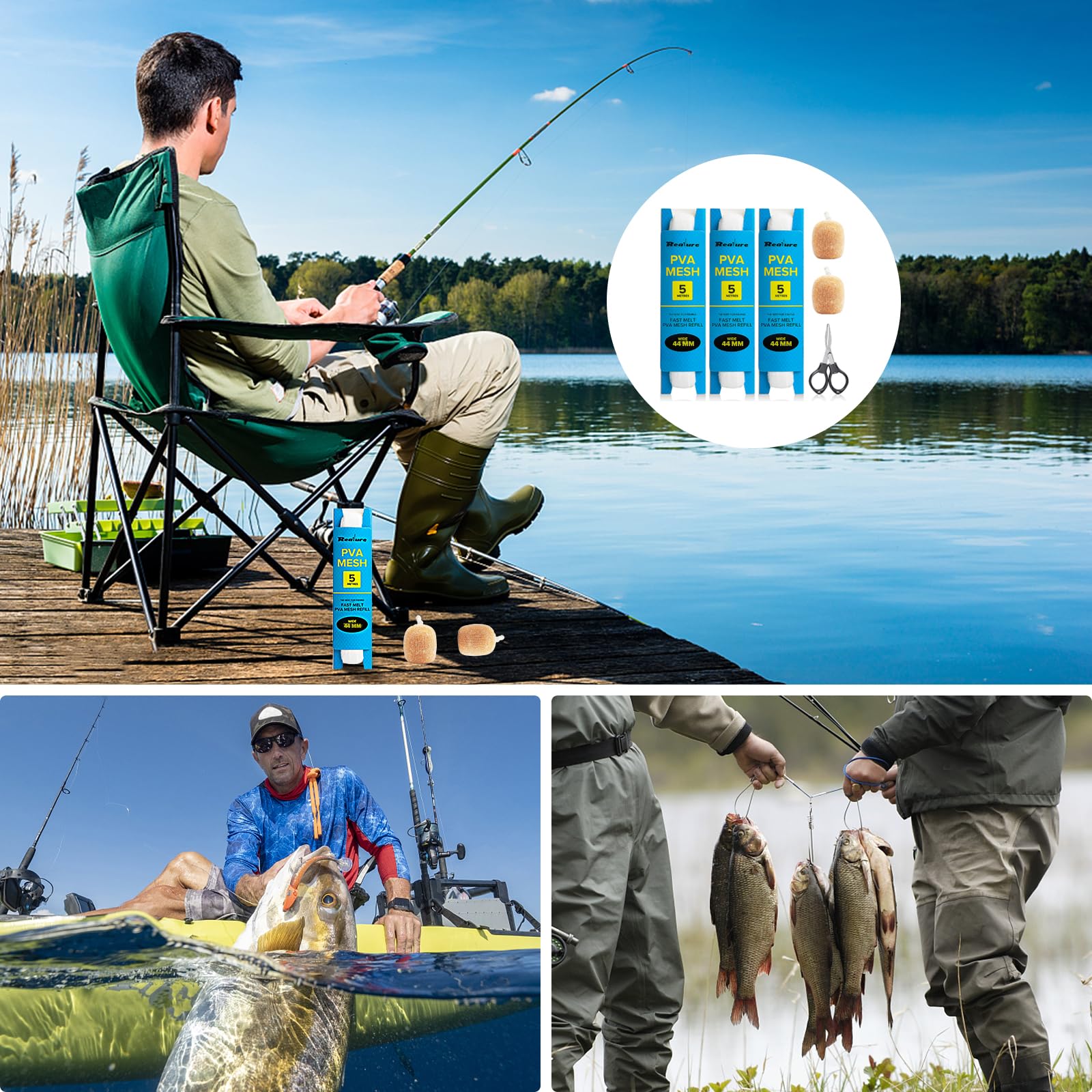 Realure 3 piezas 5 m PVA red de pesca 25 mm 37 mm 44 mm ancho malla accesorios carpas tijeras bolsa fusión rápida cebo boilie