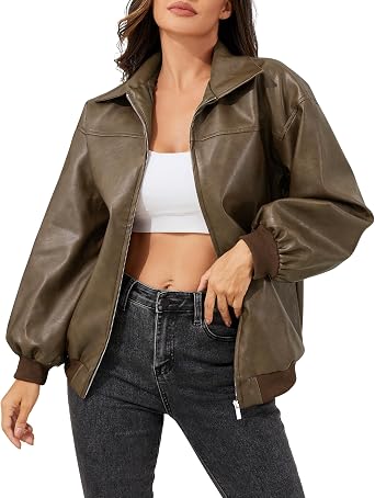 Leather Jacket Women Vintage Washed Faux Oversized Casual Motorcycle Biker Bomber Coats With Pockets 2025 Y2K Trendy