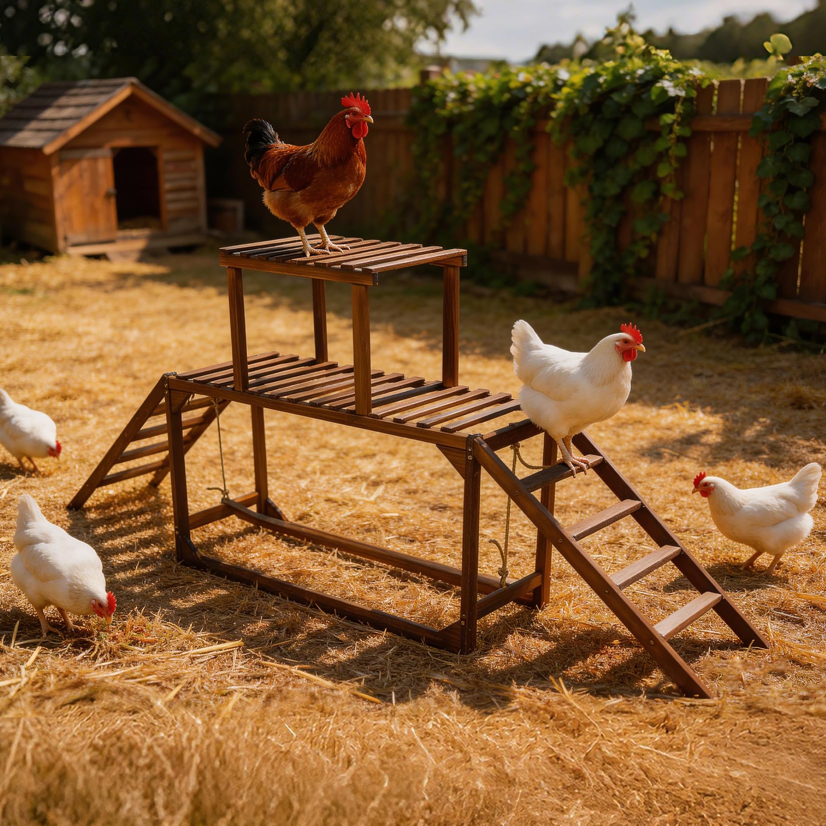BingoPaw Percha de Madera para Gallinas con Escalera y Columpio, Perchero de Carbonizado para 8-10 Gallinas, Área de Pie Amplia, Resistente a la Corrosión, 200x30x89cm