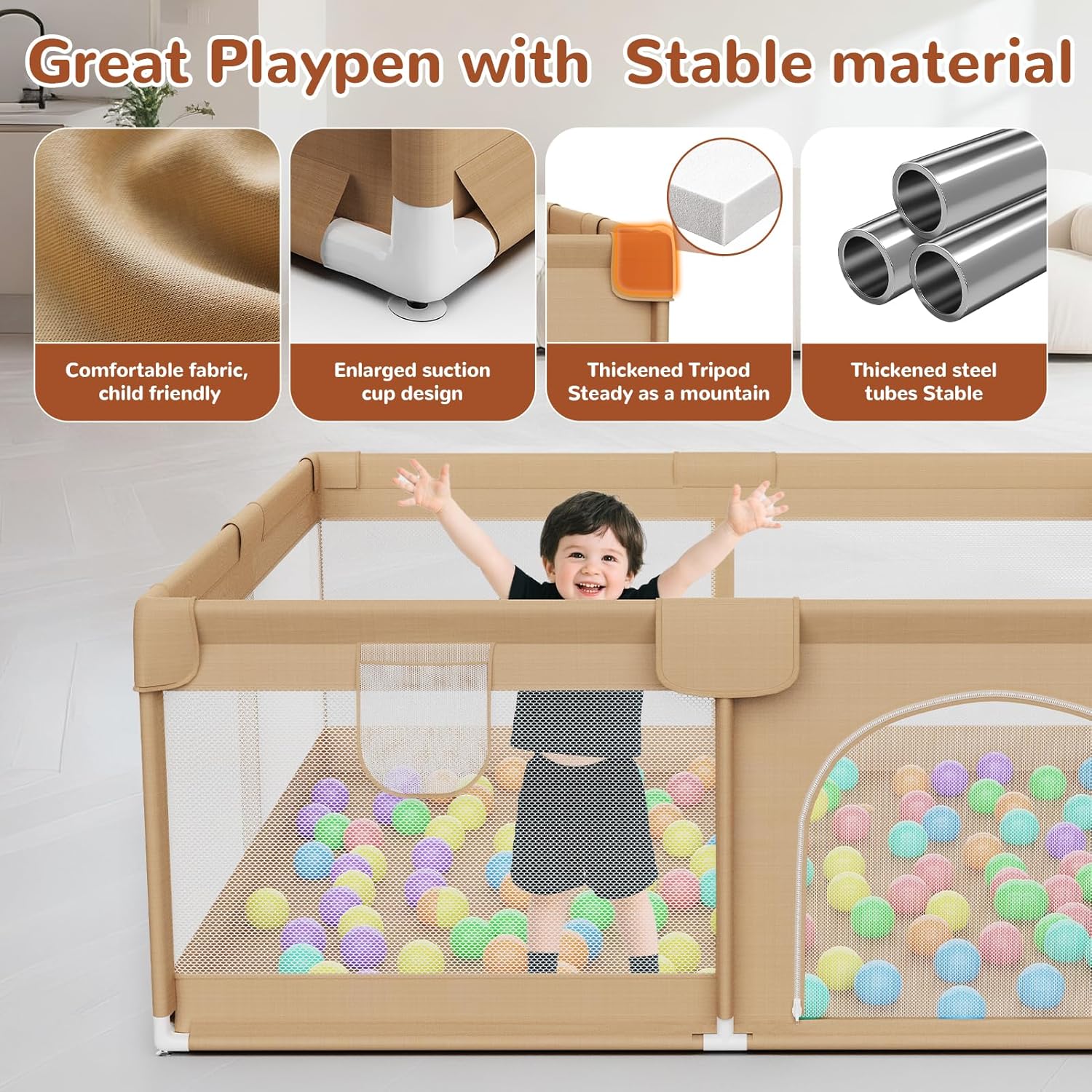 Large Baby Playpen 71x59 Inch Play Pen Playards,Playpen for Babies and Toddlers with 50 Ocean Balls &2 Handles-Sturdy Safety Baby Fence Play Area with Soft Breathable Mesh,Khaki