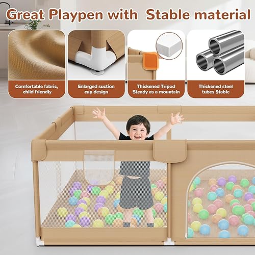 Miniatura 6 de Corralito grande para bebés de 64 x 64 pulgadas, corralito para bebés y niños pequeños con 50 bolas oceánicas, área de juego de valla de seguridad