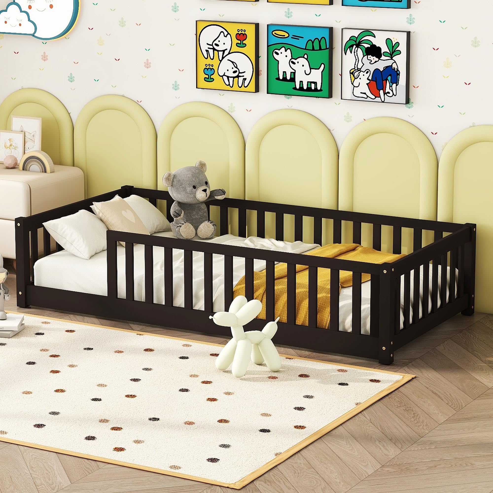 Twin Size Kids Montessori Floor Bed,Twin Floor Bed Frame with Slats,Solid Wood Twin Bed Frame for Girls Boys,Espresso