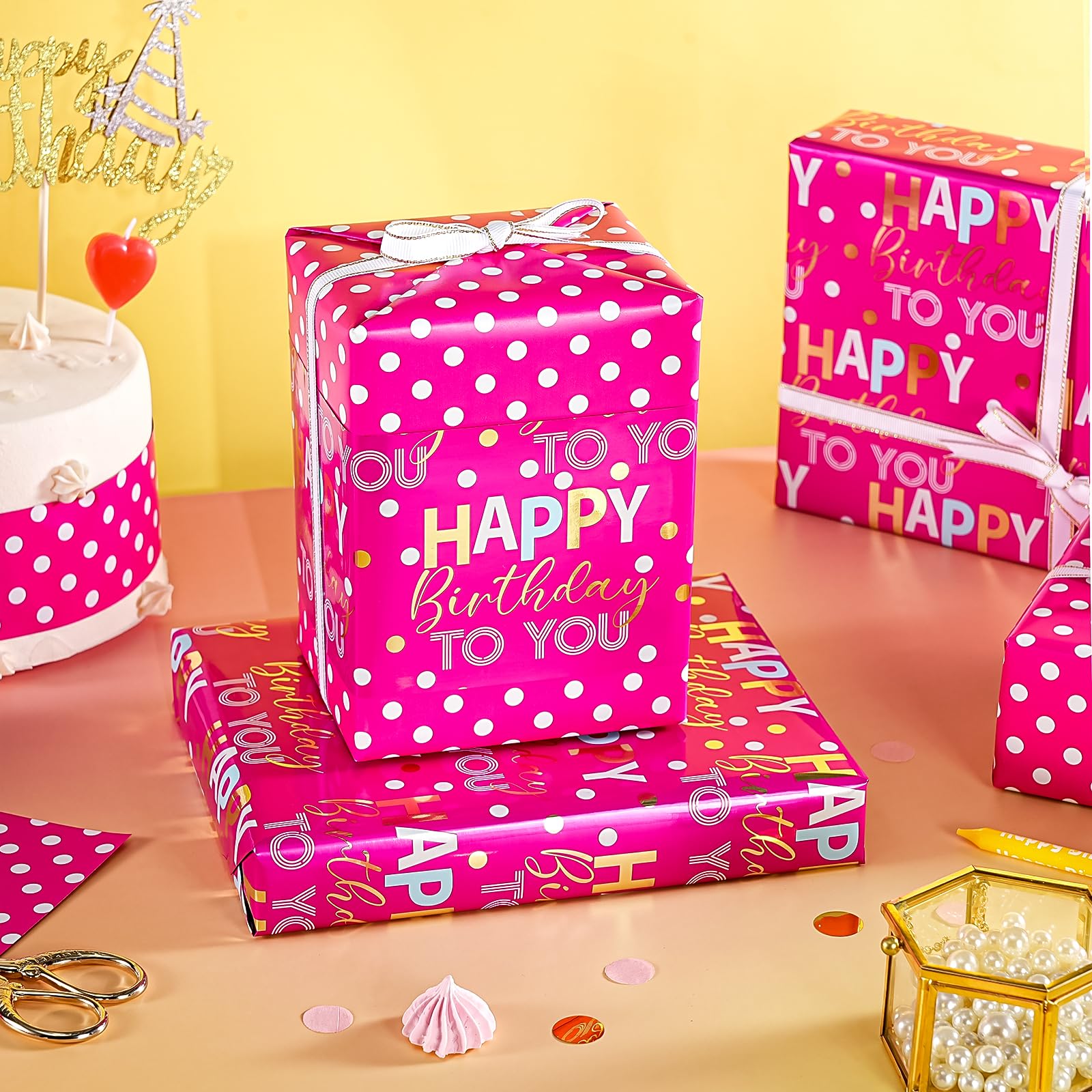 WRAPAHOLIC Papel de regalo de cumpleaños reversible jumbo, 30 pulgadas x 33 pies, papel de regalo de feliz cumpleaños rosa intenso y dorado para niñas, mujeres, niños, baby shower