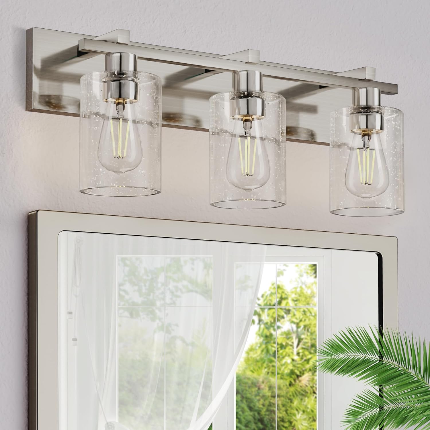 Espird Bathroom Vanity Light, 3 Light Brushed Nickel Bathroom Light Fixture with Thickened Seeded Glass Shade, 24 inch Modern Vanity Lights, Bathrooms Lights Fixture Over Mirror 3 light-seeded Nickel