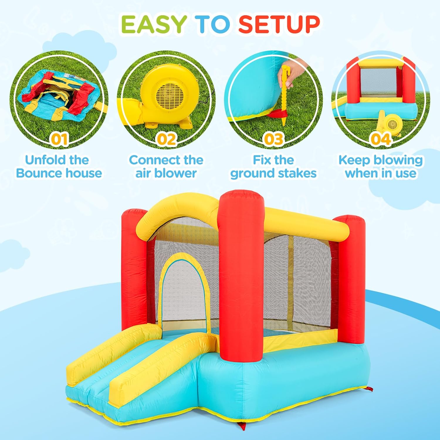 Kids Inflatable Bounce House with Mesh Walls, Small Bouncy House for Kids, Durable Jumping Area, Indoor & Outdoor Mini Bounce Castle for Home Backyard Play