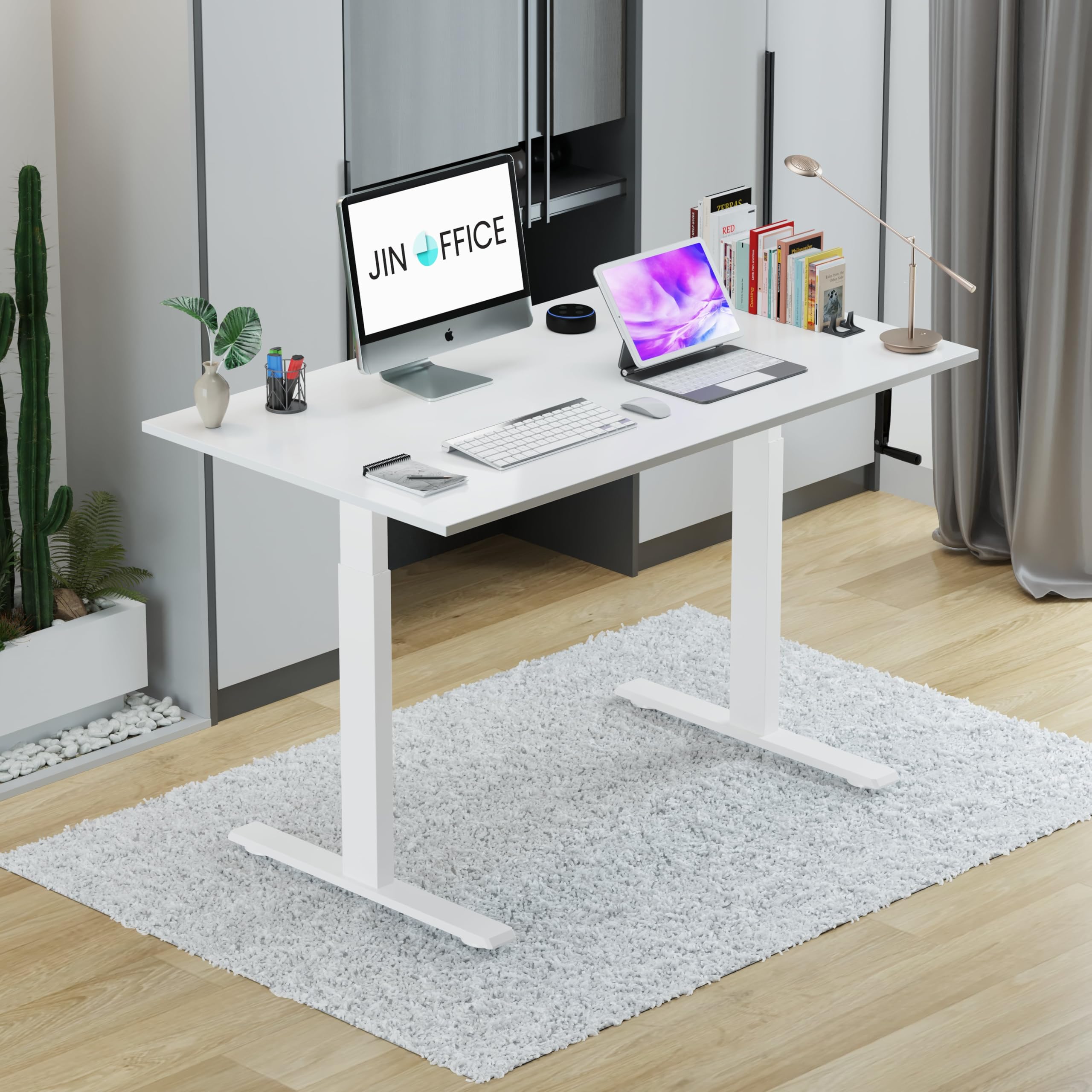 Jin Office Vertex Manual Height Adjustable Table| Adjustable Standing Desk with Hand Crank| Sit Stand Desk| Ergonomic Table for Home,3 Year Warranty,80 Kg Wt. Cap| White & White|1200*750mm/25MM Thick