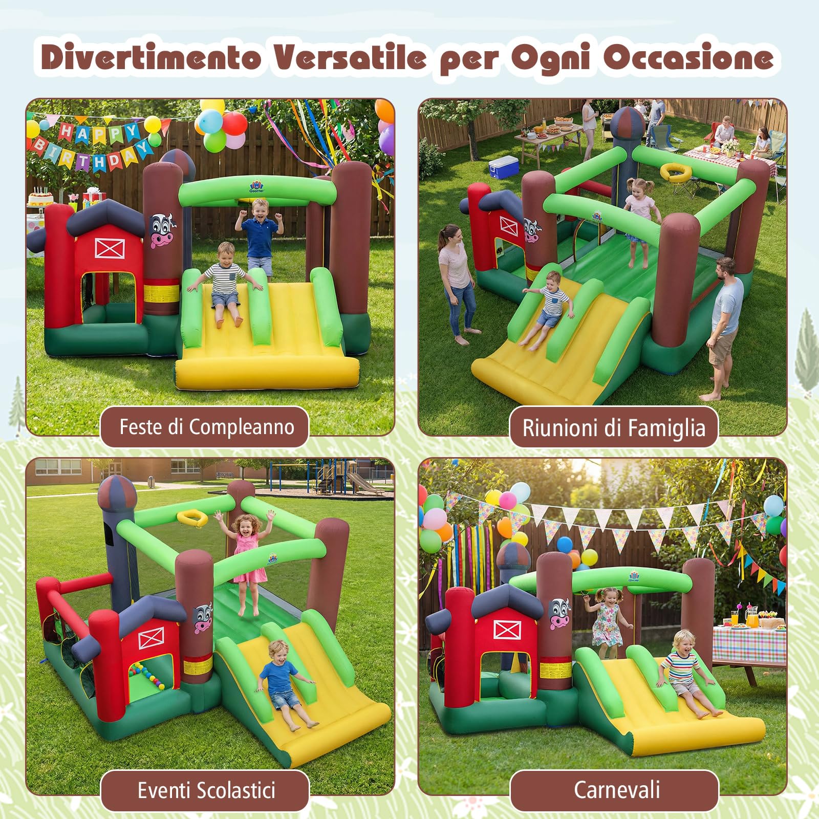 COSTWAY Castello Gonfiabile per Bambini con Soffiatore 680W, Grande Casa Gonfiabile con Doppio Scivolo, Piscina di Palline e Gioco di Lancio ad Anelli, da 3 a 12 Anni, per Interno o Esterno