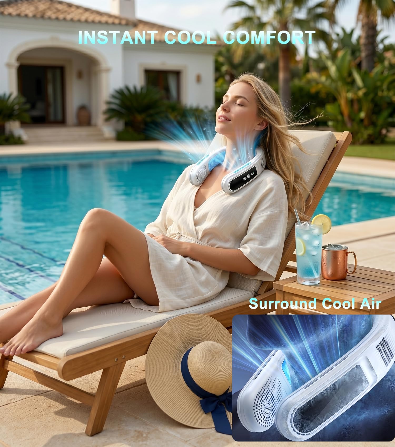 Ventilatore Portatile da Collo con 2 Piastre Refrigeranti, Ventilatori Aire Acondicionado Collo Indossabile Silenzioso, Turbo 4000mAh Ricaricabile, Regalo per Viaggio Spiaggia Ufficio Donne