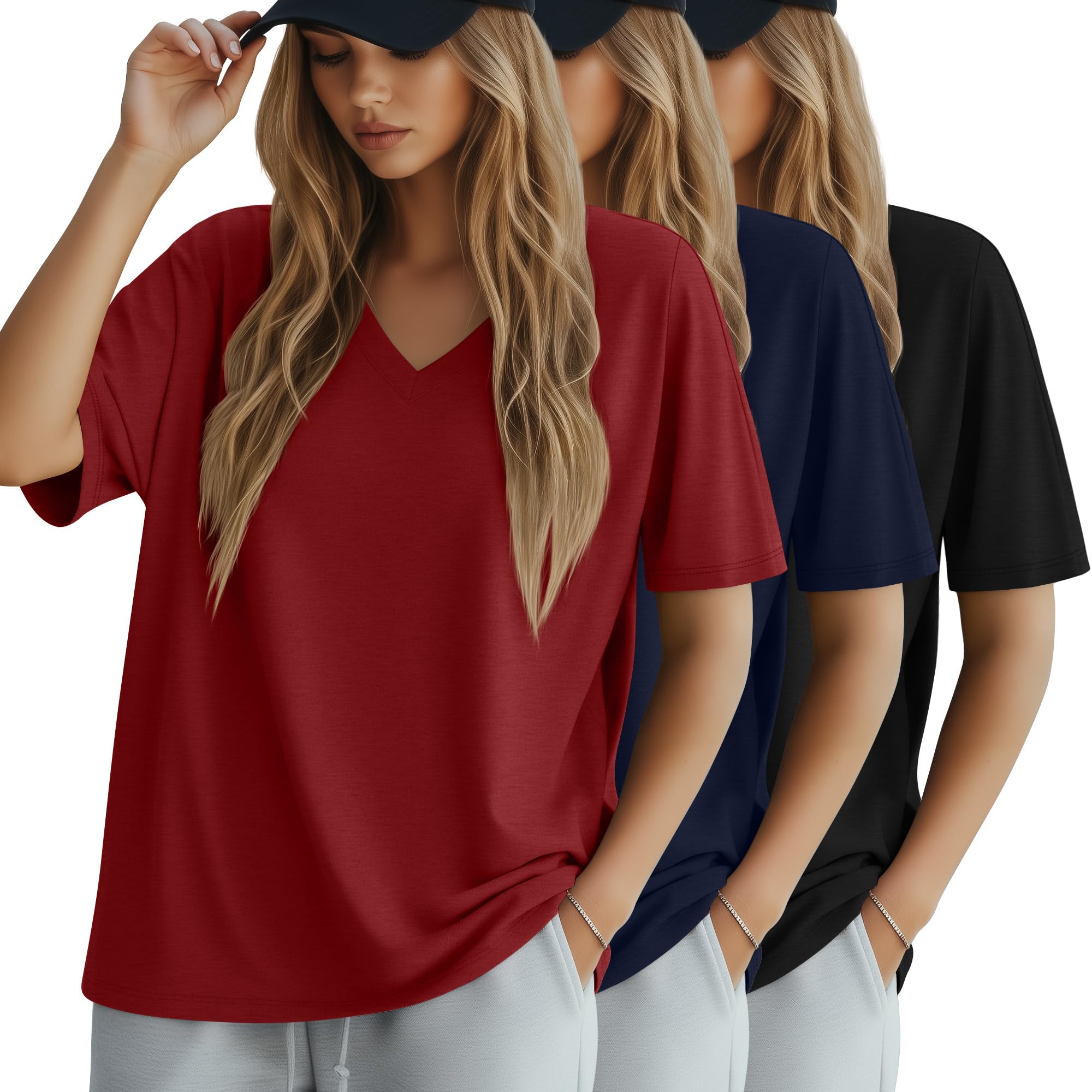 Geyoga 3 Pezzi Magliette Oversize in Cotone da Donna Scollo a V Fit Largo T-Shirt per Allenamento Top Maniche Corte Morbidi