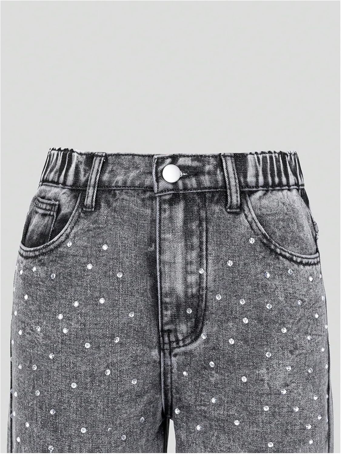 WDIRARA Girl's Sparkly Rhinestone Baggy Jeans High Waisted Washed Wide Leg Denim Pants - Image 7