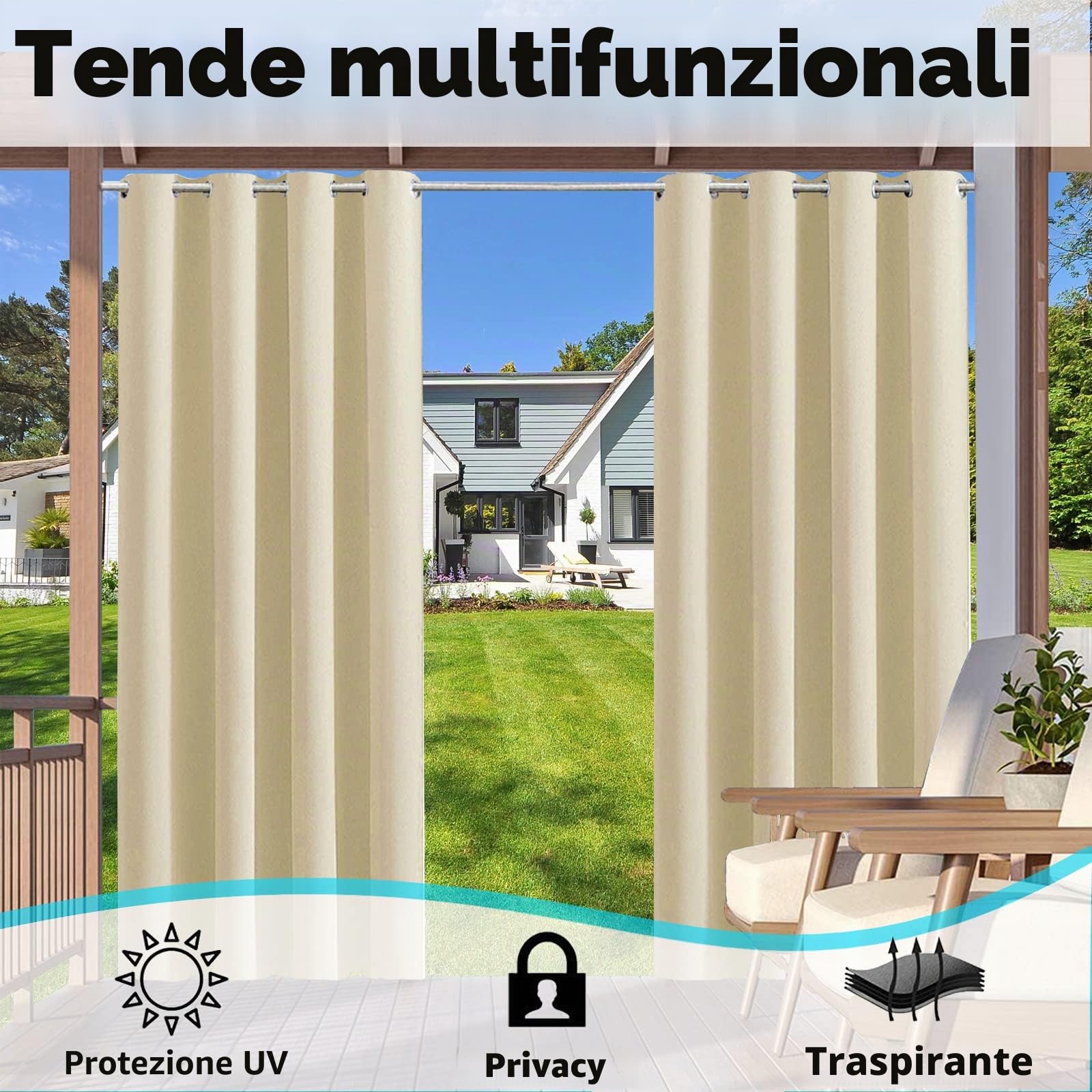 Tende per esterni, tenda per esterni con occhielli, 1 pannello, 24 colori, tende da esterni impermeabili, tenda da sole per patio, privacy, per balcone, patio, veranda, pergola, 132 x 213 cm