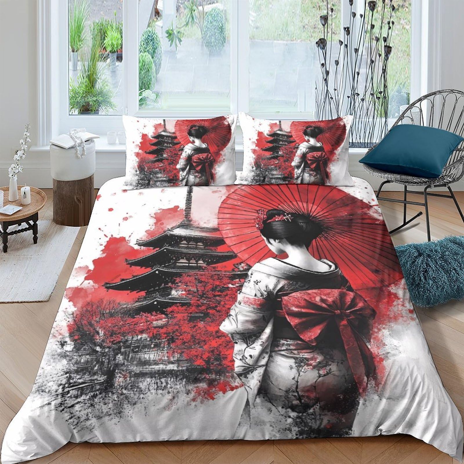 Ctjqhvkz Style-2 3D Printed Japanese Pagoda Fitted Sheet Microfiber Soft Red Geisha Bed Cover For Bedroom Guest Room Decor Single（135X200cm）