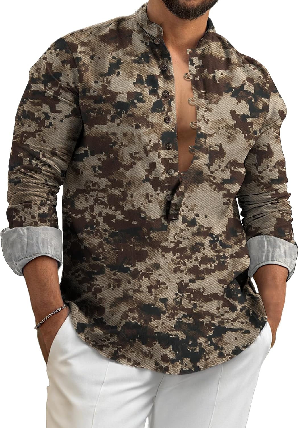 Men Button-Down Shirt Oversized Long Sleeve Pullover Tops V Neck Tee Shirts Retro G...