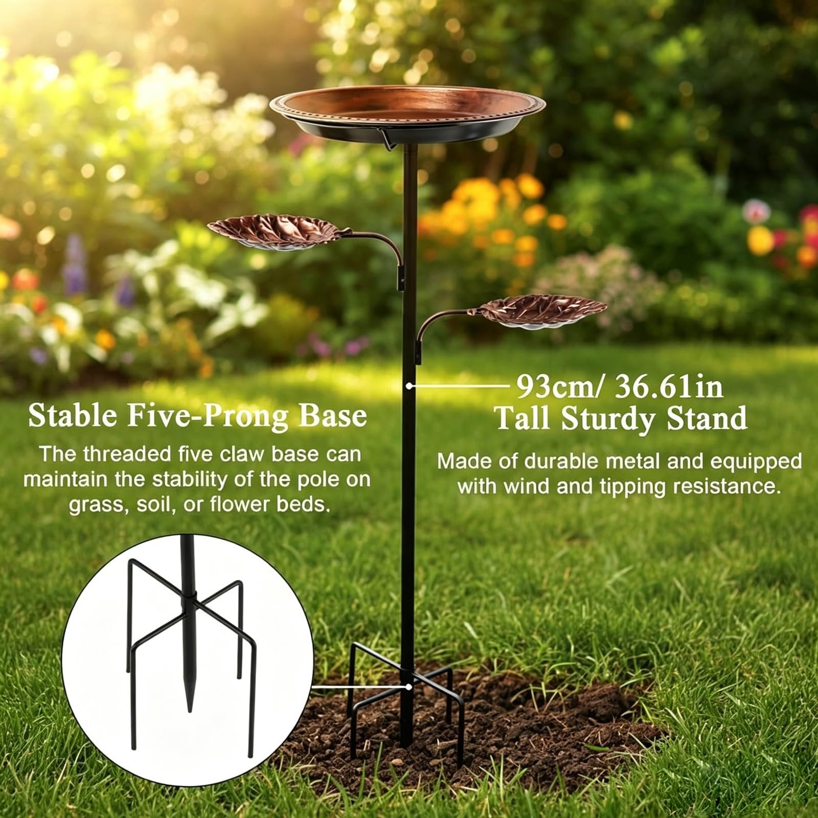 Bain d'oiseaux en MéTal avec 2 Mangeoires pour L'ExtéRieur, Support Vertical pour Jardin(Antique Bronze)