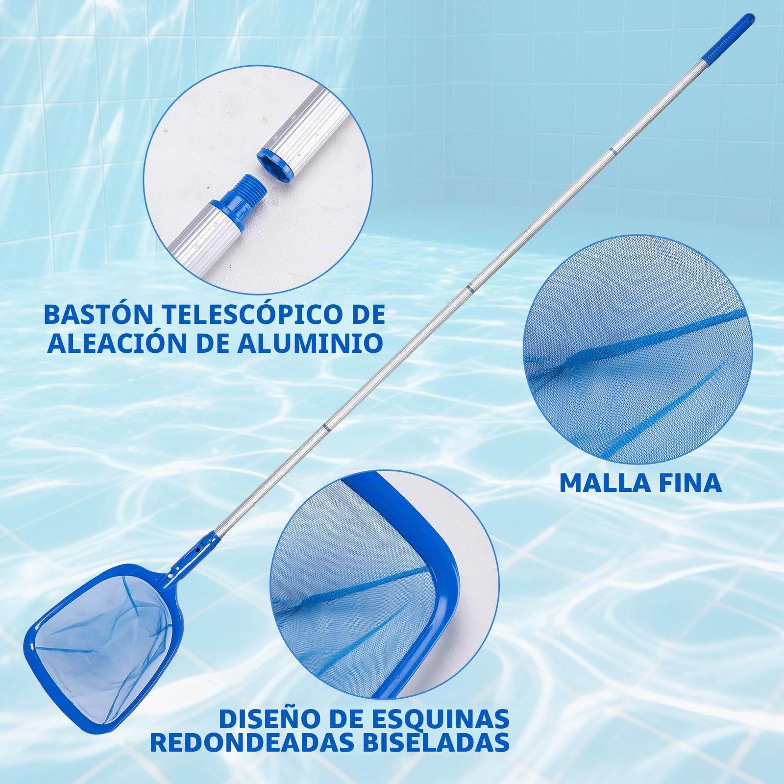 Recogehojas para Piscinas 195cm, Red de Limpieza de Piscinas,Recogehojas Piscina Malla Fina, Ajustable Mango, para Debris,Leaves,Unsectos y Otros Sedimentos