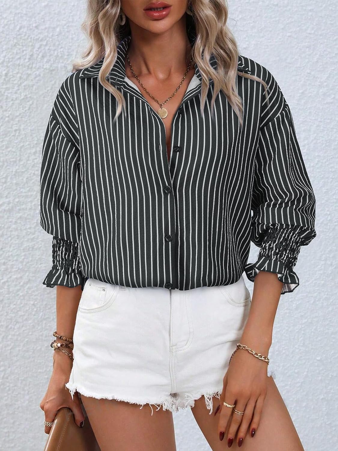 Women's Striped Button Down Shirts Long Sleeve Smocked Cuffed Oversized Boyfriend Blouses Collared Work No Pockets Tops - Image 2