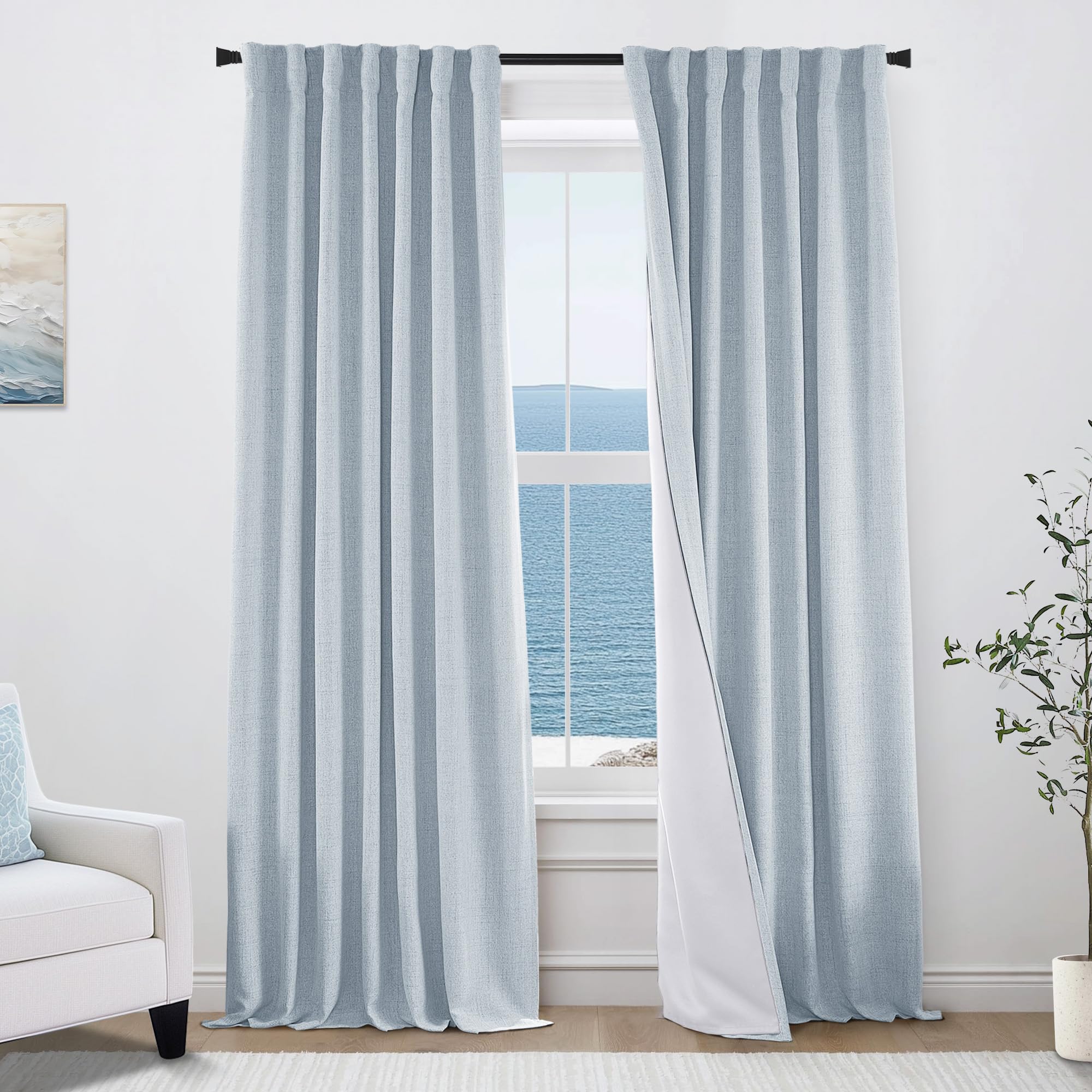 Light Blue Linen Blackout Curtains for Bedroom, 84" L Coastal Summer Light Blocking Thermal Insulated Drapes, Pleated Grand Millenial Drapery Panels, Set of 2