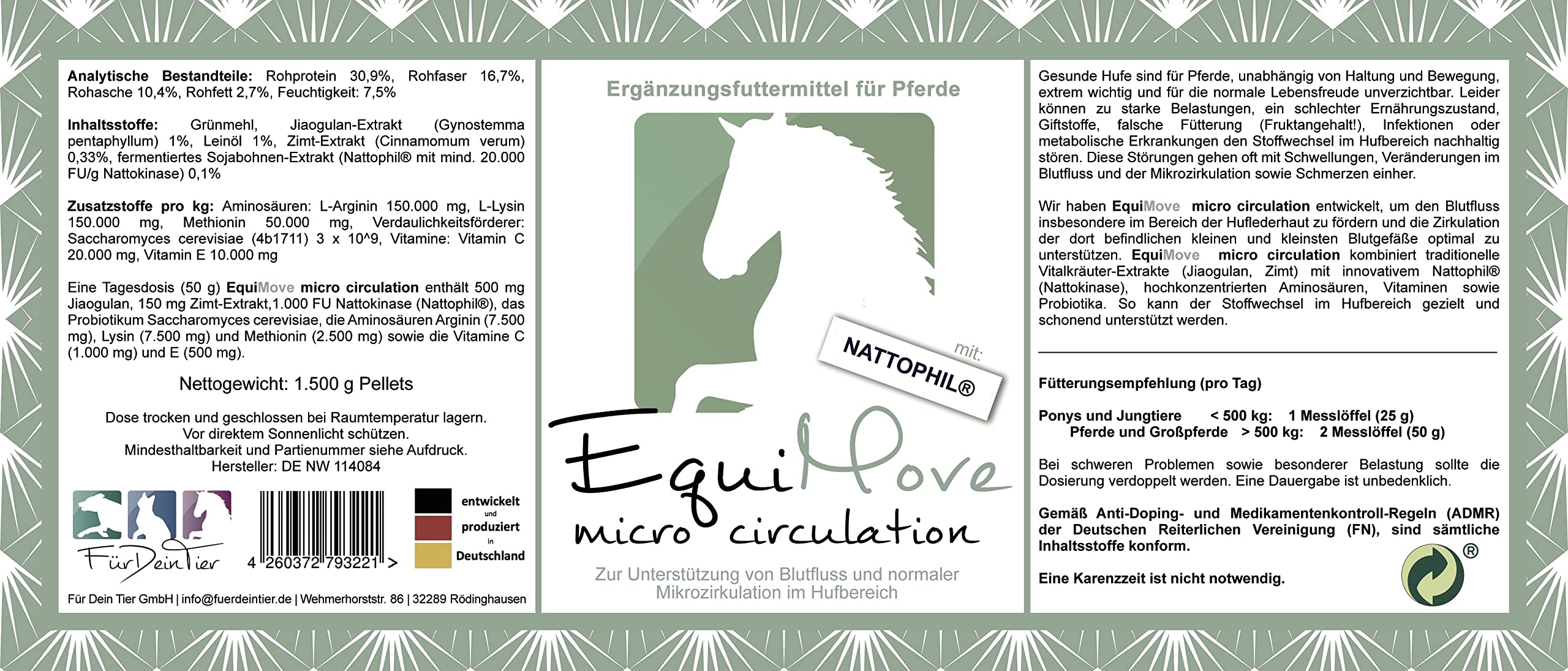 Micro Circulation (1,5 kg), Ergänzungsfuttermittel zur Unterstützung von Blutfluss und Zirkulation, mit Jiaogulan, exklusivem Nattophil und Arginin, auch bei Rehe (Laminitis) verträglich