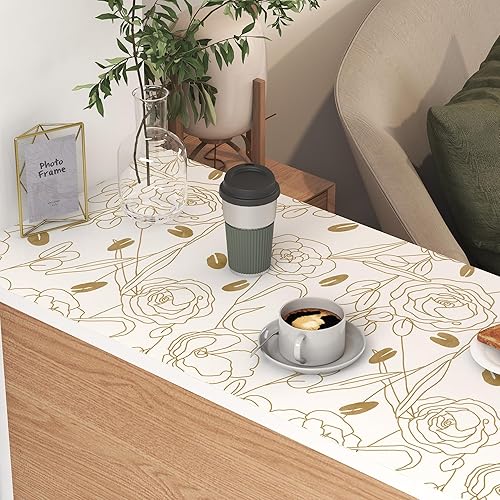 Miniatura 7 de Papel tapiz floral para despegar y pegar, papel de contacto bohemio dorado y blanco, papel tapiz de hojas doradas, papel tapiz autoadhesivo