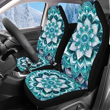 Bulopur Teal Boho Auto Seat Covers 2-Pack Soft Fuzzy Plush Mandala Flower Vehicle Bucket Cushion Universal for Cars SUV Truck Sedan Washable Winter Auto Interior Accessories
