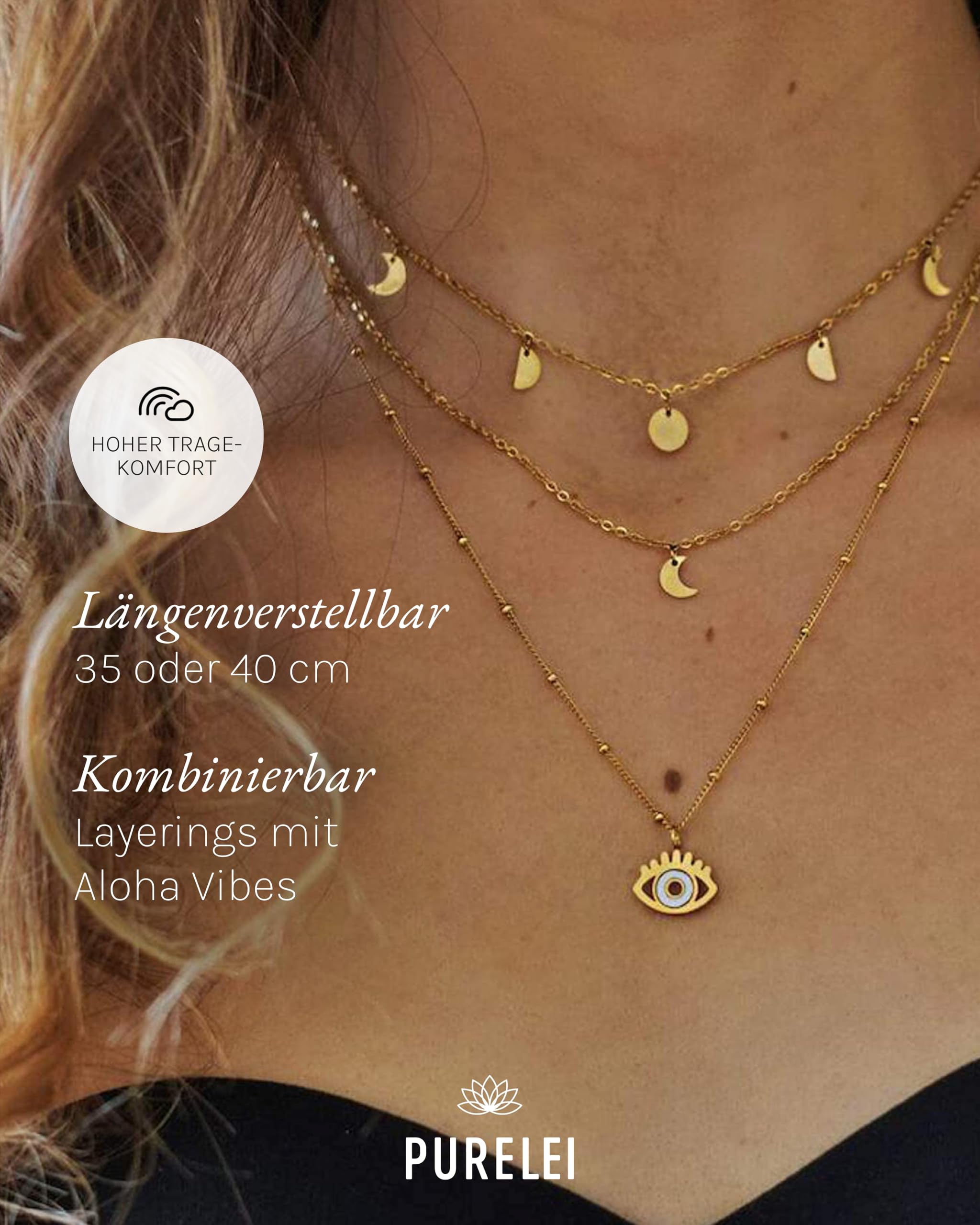 Purelei Luna Kette Damen – Halskette Damen aus langlebigem Edelstahl – Wasserfeste Kette mit Anhänger – 40-45 cm Länge verstellbar – Halskette für deinen individuellen Look