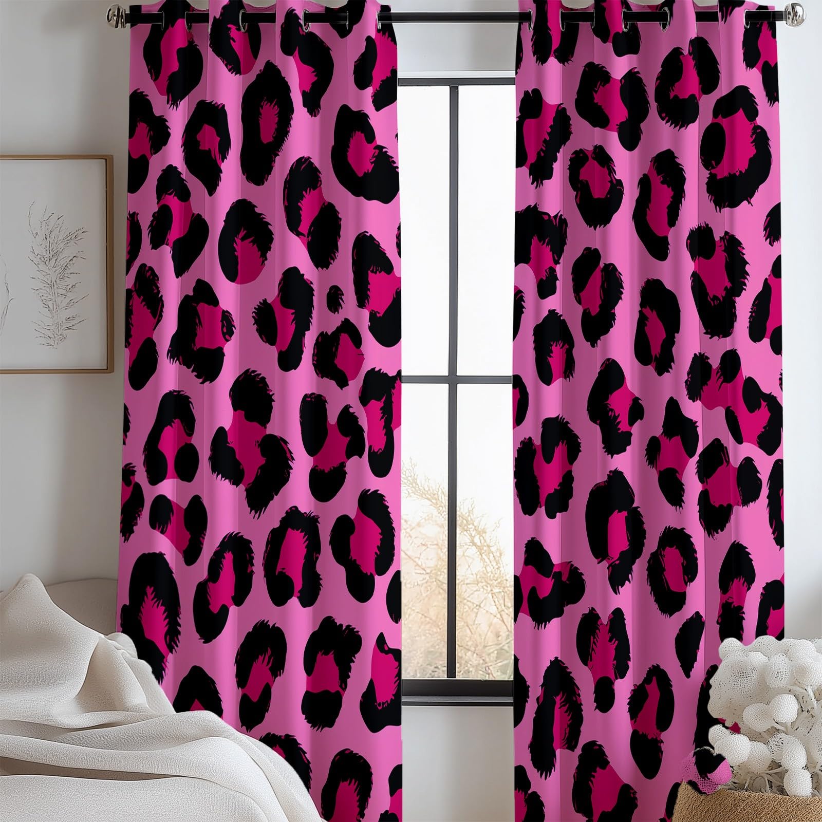 Genérico Rosa Estampados De Leopardo Negros Cortinas Opacas térmicas Que bloquean la luz, Estilo Artístico Cortinas Opacas con Ojales para Dormitorio y Sala de Estar 75 x 166 cm (2 Paneles)