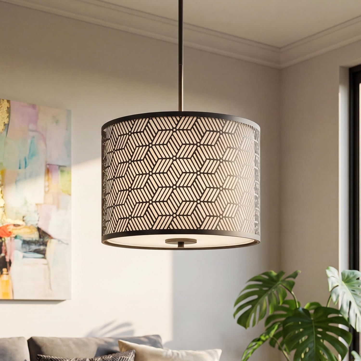 Inlight 14" Wide 3-Light Modern Kitchen Island Drum Pendant Light with Black Metal Frame and White Fabric Shade, Bulb Not Included, IN-0337-3-BK